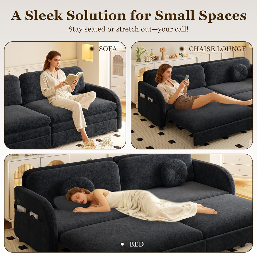 81.1'' Pull Out Couch Bed King Size, Chenille Sleeper Sofa Daybed, 3 in 1 Convertible Couches, Futon Sofa with 2 Pillows, Storage Pockets, USB, 3-Seater for Small Spaces, Living Room, Black