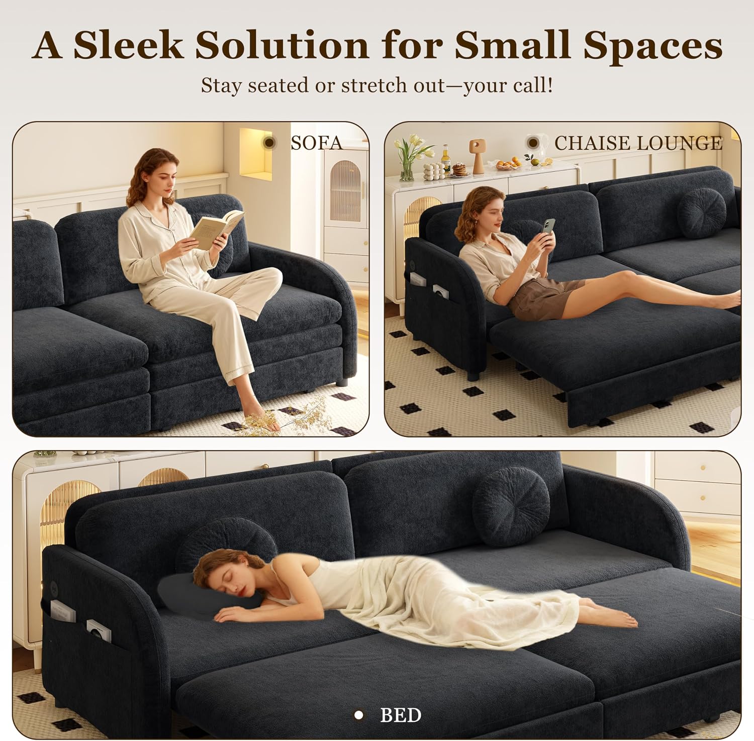 81.1'' Pull Out Couch Bed King Size, Chenille Sleeper Sofa Daybed, 3 in 1 Convertible Couches, Futon Sofa with 2 Pillows, Storage Pockets, USB, 3-Seater for Small Spaces, Living Room, Black