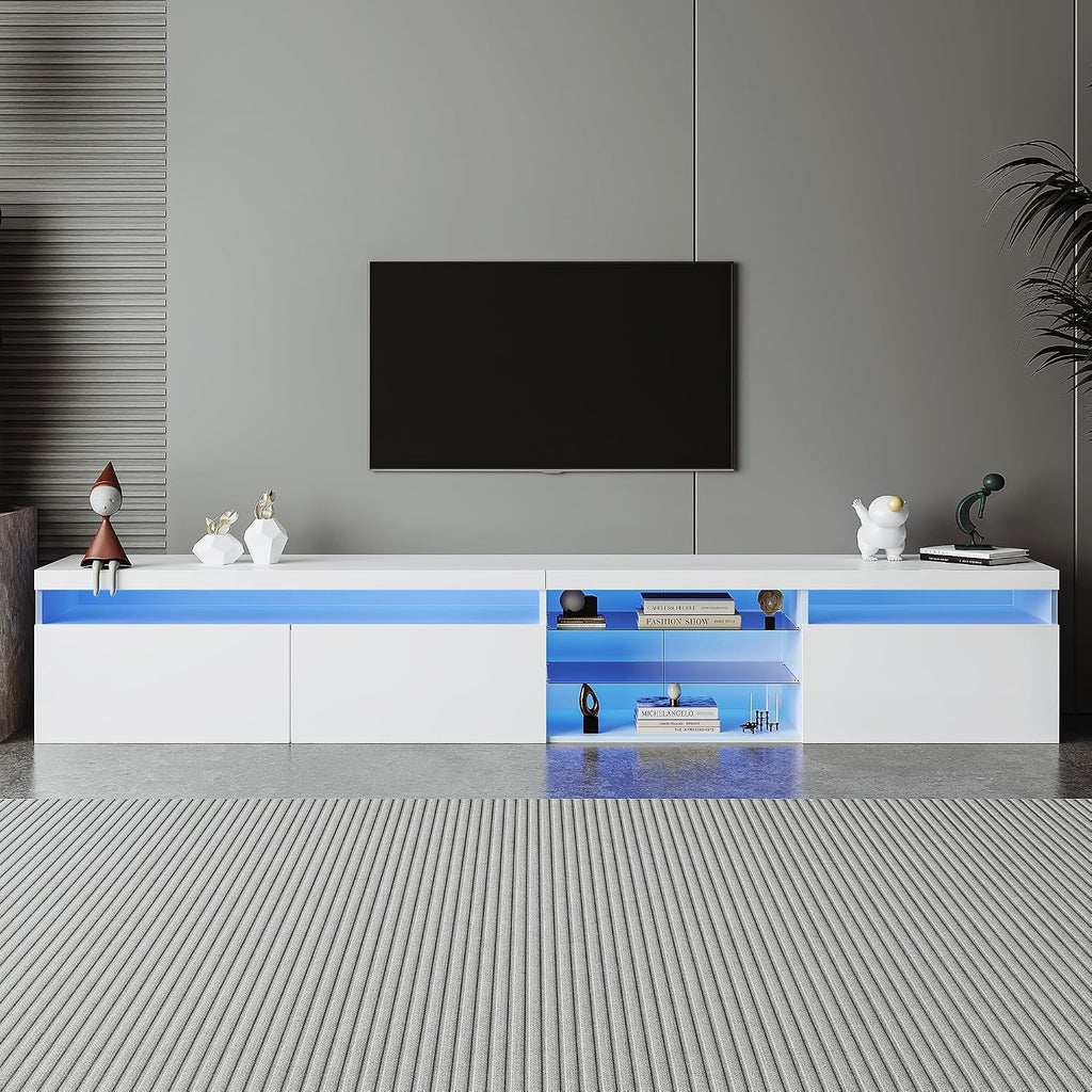 Bellemave LED TV Stand for TVs Up to 105',Ample Storage Space Media Console with 2 Glass Shelves,Versatile TV Cabinet with LED Color Changing Lights for Living Room (White)