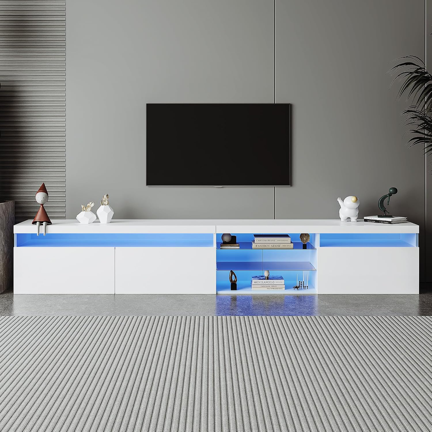 Bellemave LED TV Stand for TVs Up to 105',Ample Storage Space Media Console with 2 Glass Shelves,Versatile TV Cabinet with LED Color Changing Lights for Living Room (White)
