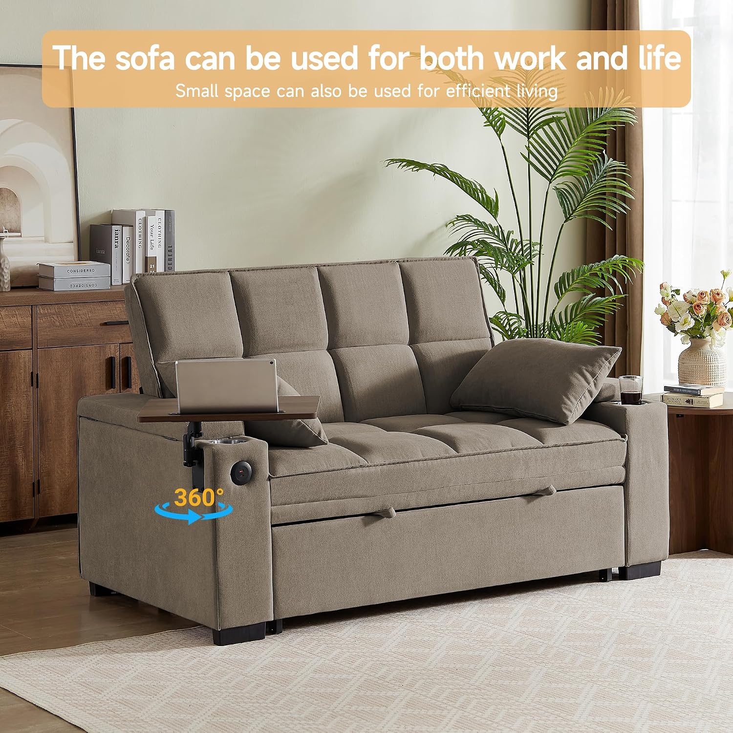 hansones 66' Multi-Functional Pull-Out Sofa Bed with Hidden Side Table, Storage Armrests, Built-in Charging Port, Spring Mattress, Solid Wood Frame – Ideal for Small Spaces, Easy Assembly