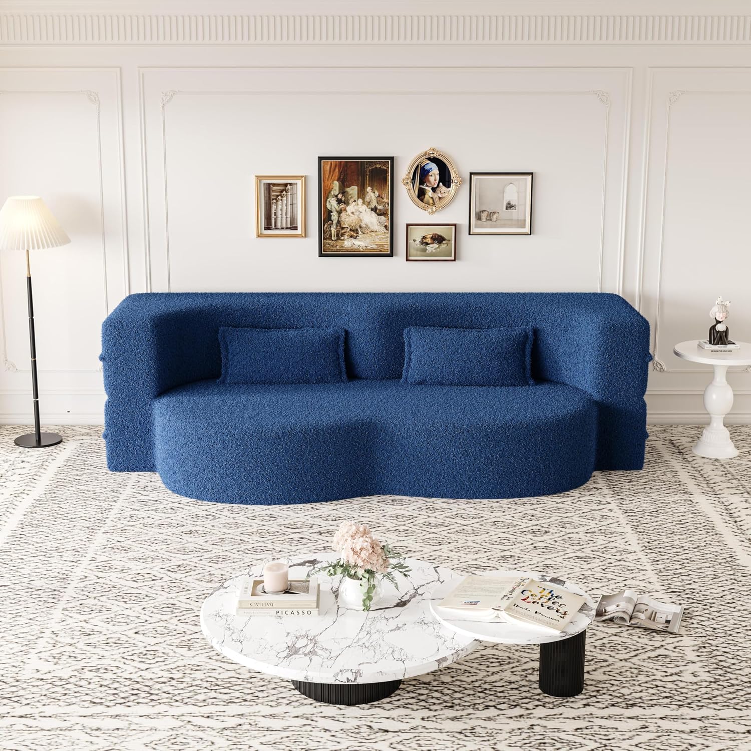 2-in-1 Futon Folding Sofa Bed,78 Inch Pull Out Sofa Bed Boneless Couch with 2 Pilow Convertible Sofa, Teddy Loveseat Sleeper Floor Sofa for Children's Room Bedroom Living Room (Teddy, Blue)