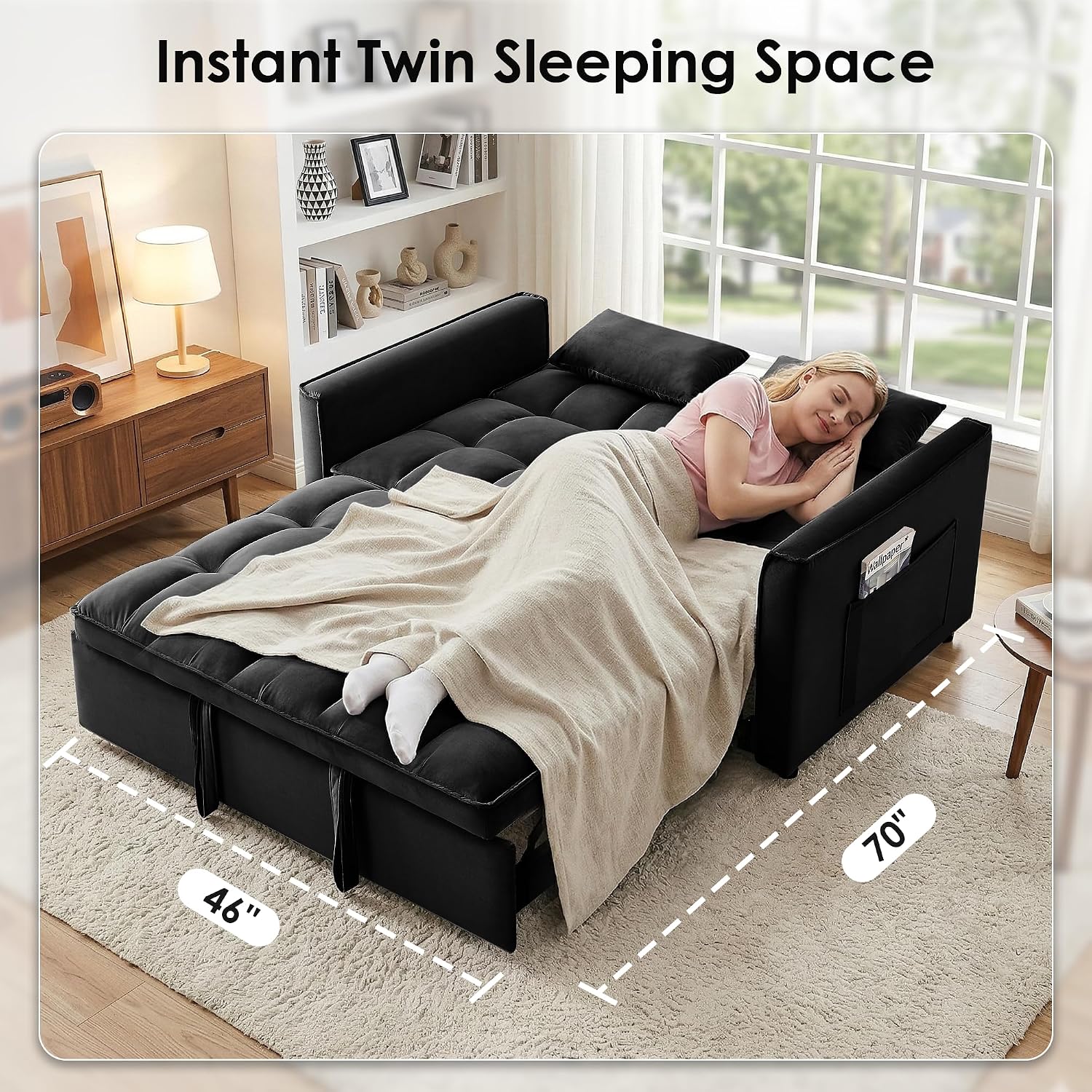 3 in 1 Convertible Sleeper Sofa Bed, 55' Pull Out Couches, Modern Loveseat Sleeper Sofa with Adjustable Reclining Backrest & Side Pockets for Living Room, Velvet Fabric, Black