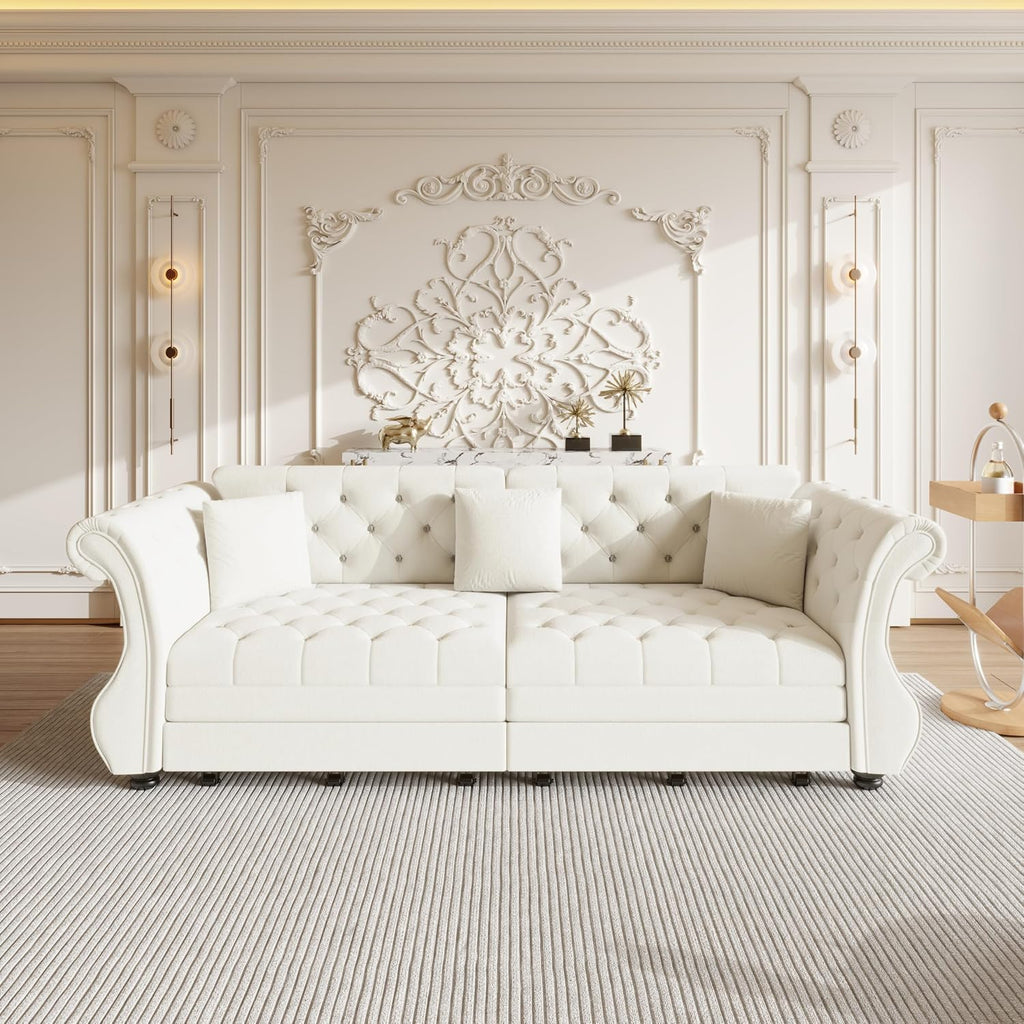 97.6'' Sleeper Sofa Bed King Size, Flower Tufted Pull Out Couch, Velvet Chesterfield Futon Couches, Modern 4 Seater Convertible Sofa, 3 Pillows for Living Room, Apartment, Offices, Beige