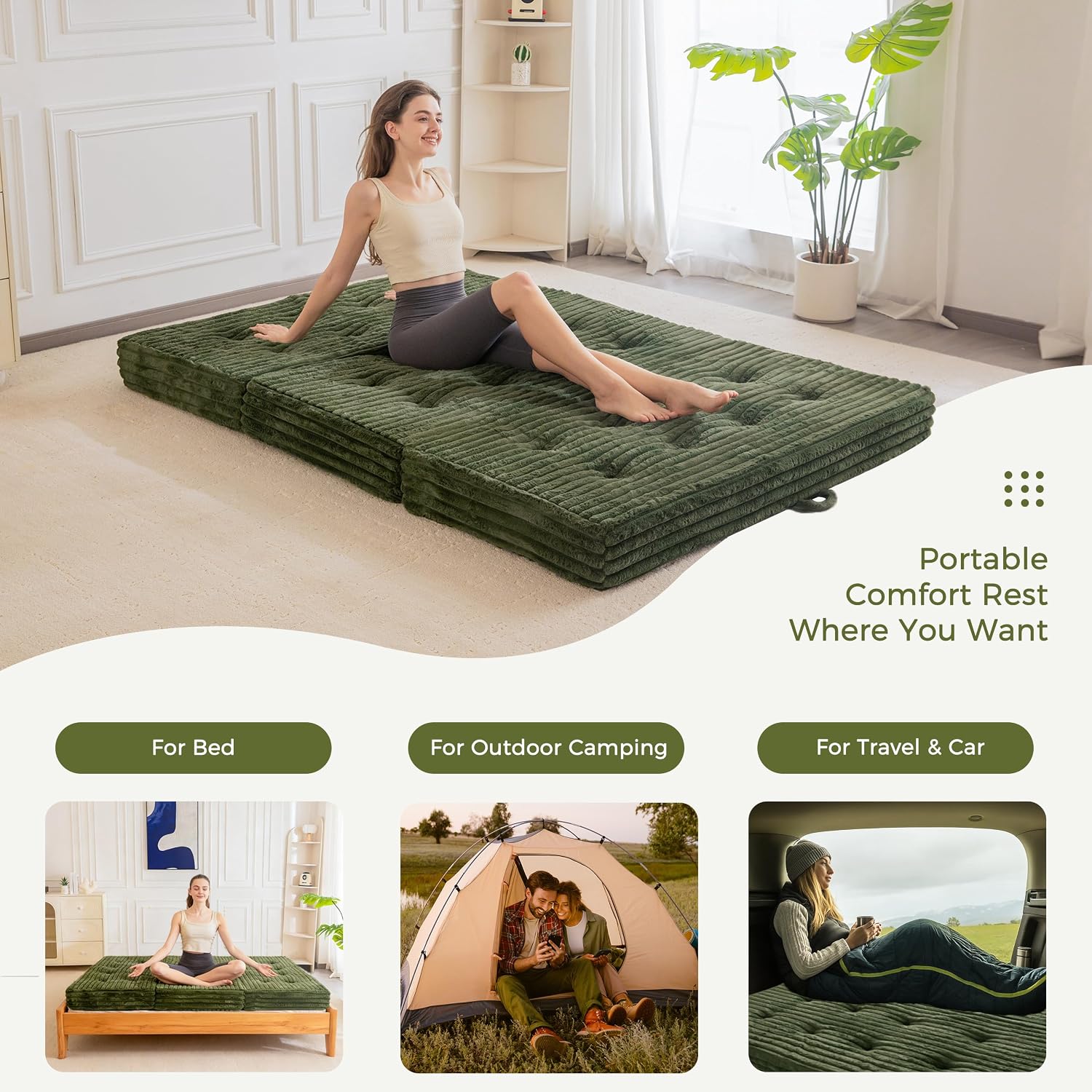 MAXYOYO Folding Sofa Couch Bed, 6 Inch Tri-Fold Floor Sofa Bed, Folding Mattress with Handles, Soft Faux Fur Folding Bed with Supportive Foam Filling, Portable Couch for Living Room, Queen, Dark Green