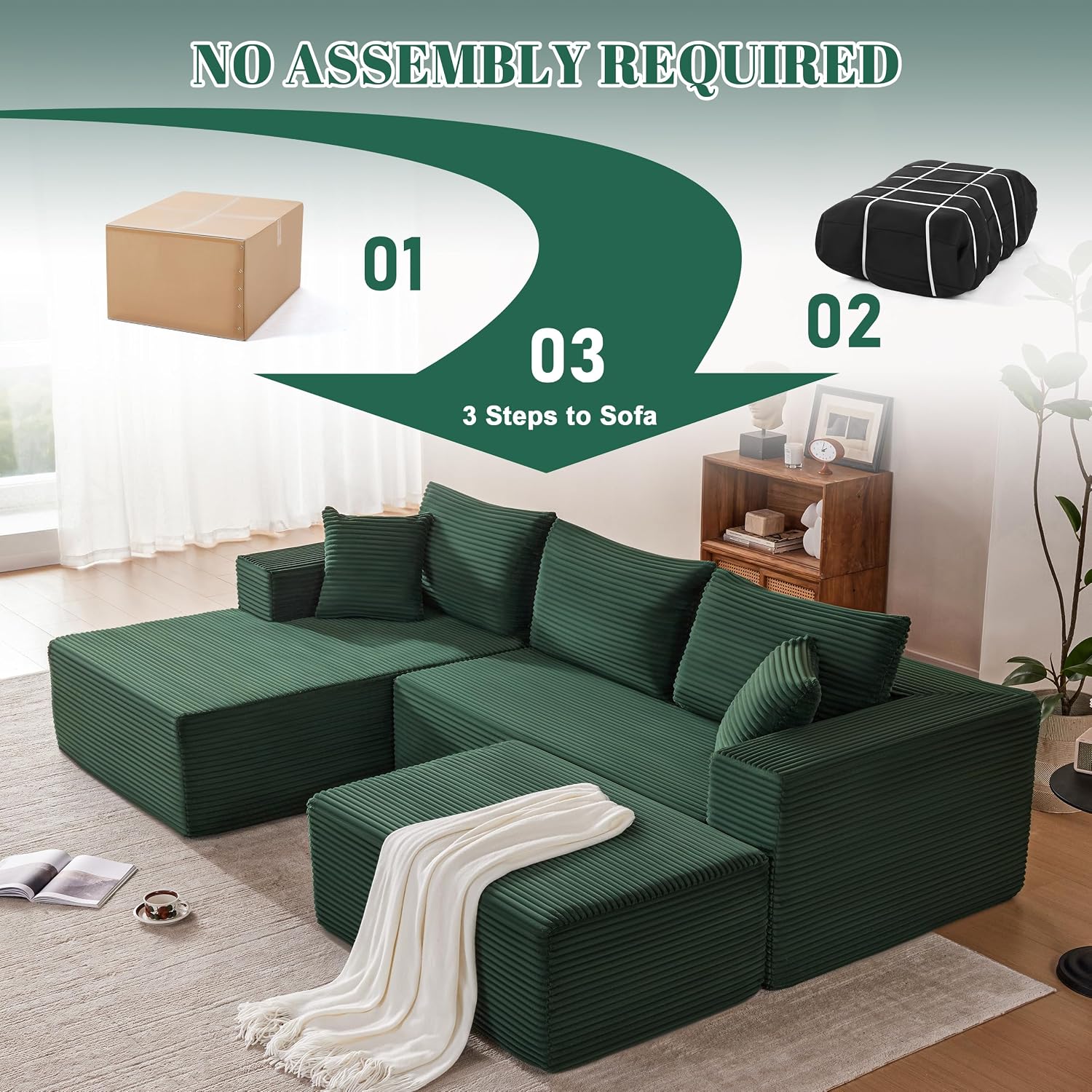 Mangodan 110' Cloud Sectional Couch, Modular Sectional Sofa with Deep Seat, Boneless Sofa for Living Room, Fluffy Comfy U-Shaped Couch with Left Facing Chaise, No Assembly Required, Green