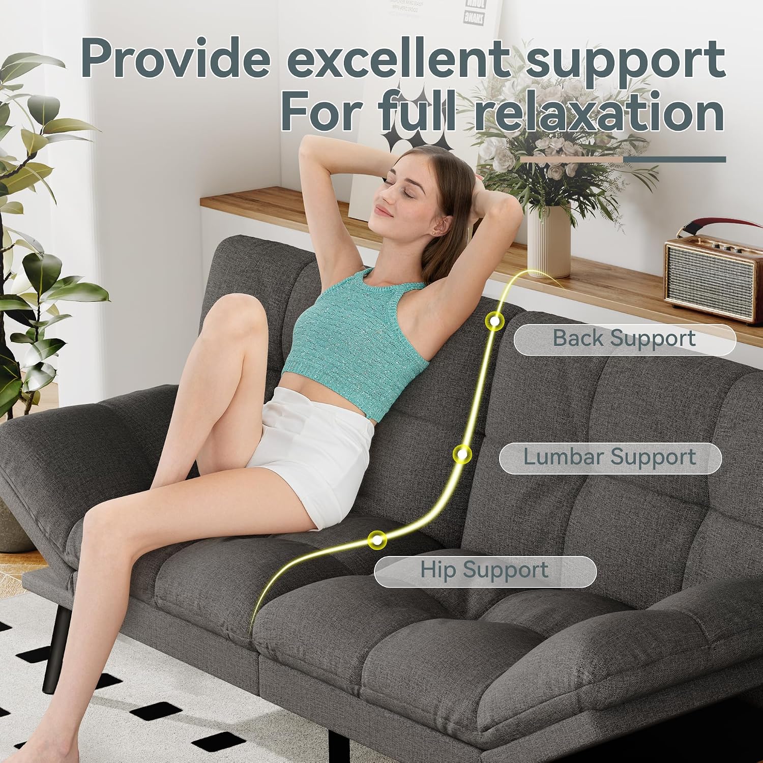 Futon Sofa Bed Convertible Couch, Grey Linen Sofa Bed with Memory Foam, Adjustable Backrest & Armrests, Multifunctional Small Loveseat Sleeper Sofa for Living Room, Apartment, Office