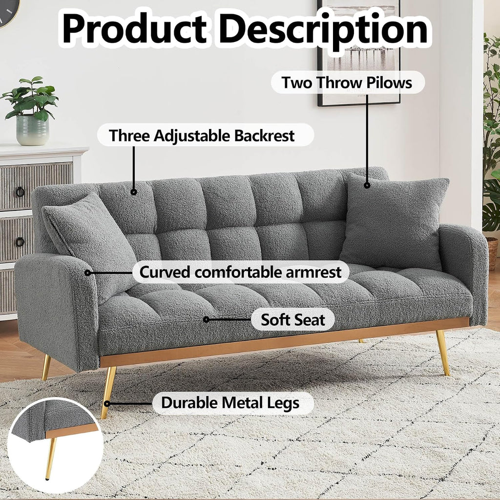 Comfy Futon Sofa Bed with 2 Pillows, Grey Futon Couch Bed with Gold Legs, Small Convertible Sofa Bed Couch for Living Room, Modern Loveseat for Bedroom, Curved Arms, Plush Tufted-Shaped,Teddy (Grey)