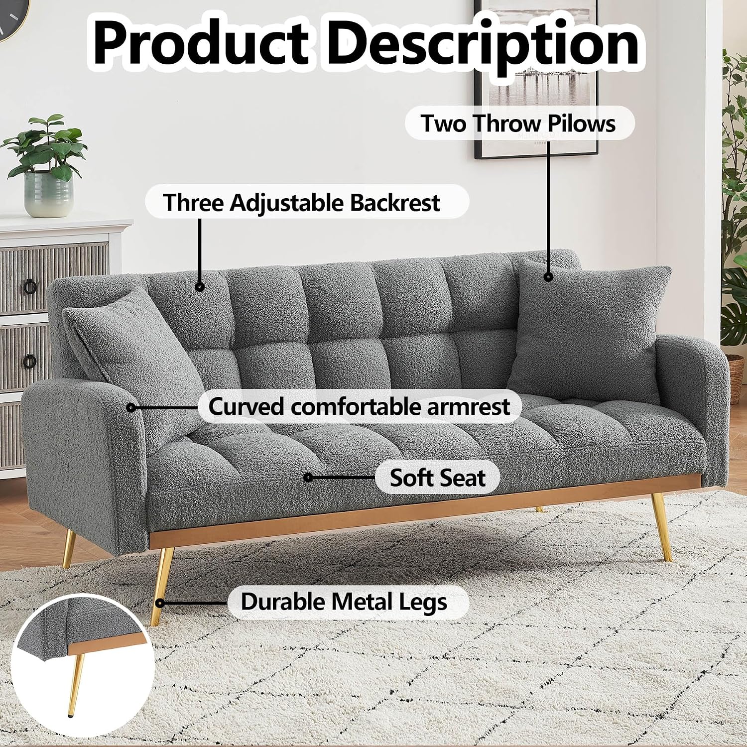 Comfy Futon Sofa Bed with 2 Pillows, Grey Futon Couch Bed with Gold Legs, Small Convertible Sofa Bed Couch for Living Room, Modern Loveseat for Bedroom, Curved Arms, Plush Tufted-Shaped,Teddy (Grey)