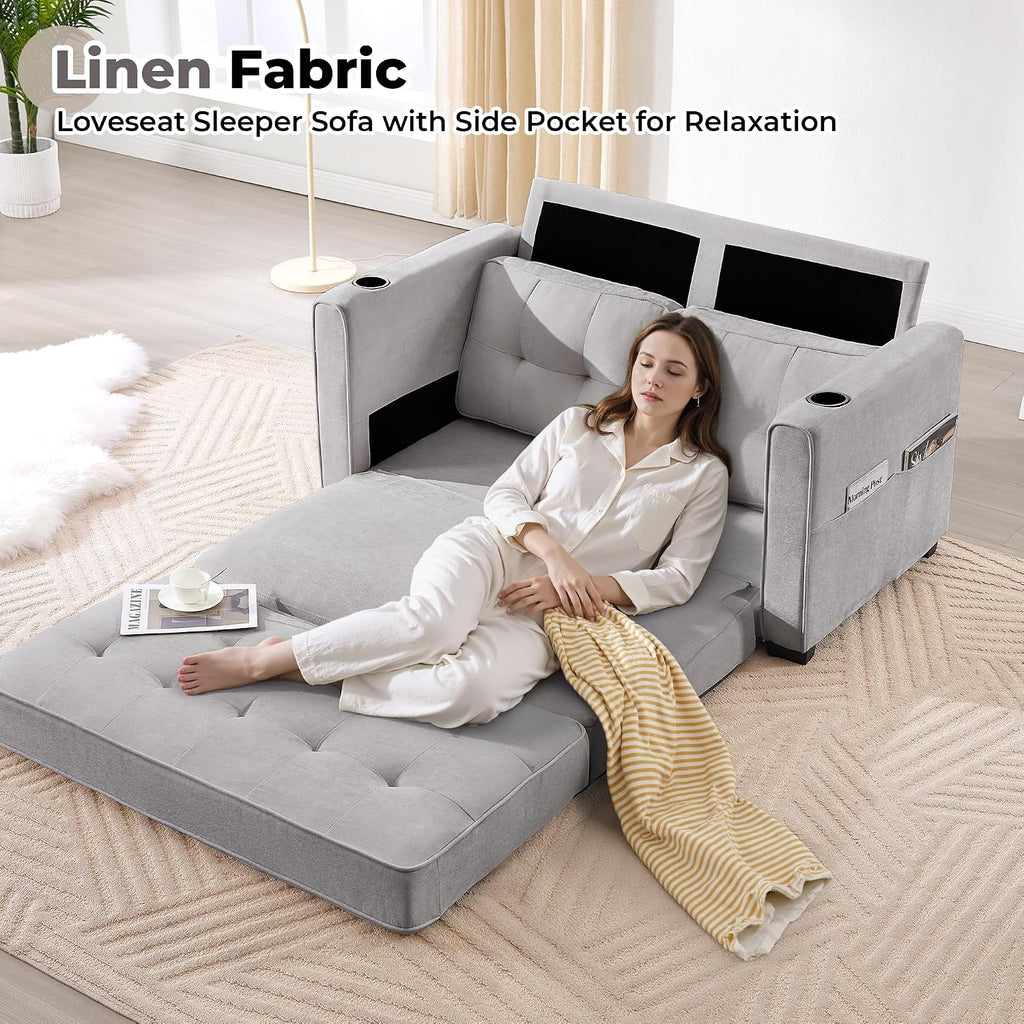 Convertible Sofa Bed, Pull Out Loveseat Sleeper Couch,Linen Fabric 2 in 1 Folding Couch Bed, Fold Out Floor Futon Couches with Cup Holder for Living Room, Bedroom,Small Space, Light Grey