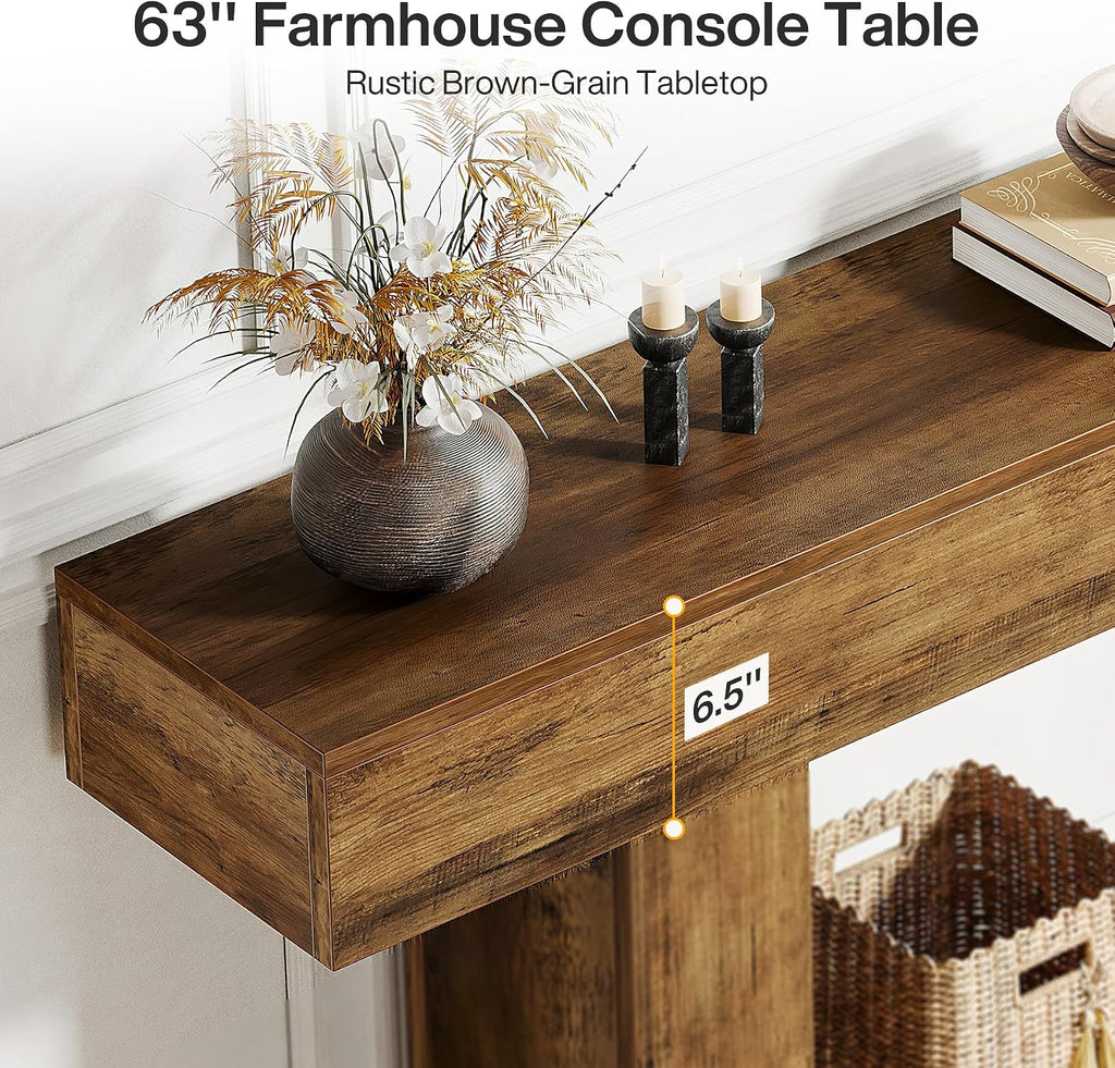 Tribesigns 63' Console Table, Farmhouse 2-Tier Entryway Table with U-Shaped Base, Narrow Long Wood Sofa Table Behind Couch Table for Living Room, Hallway, Foyer, Vintage Brown