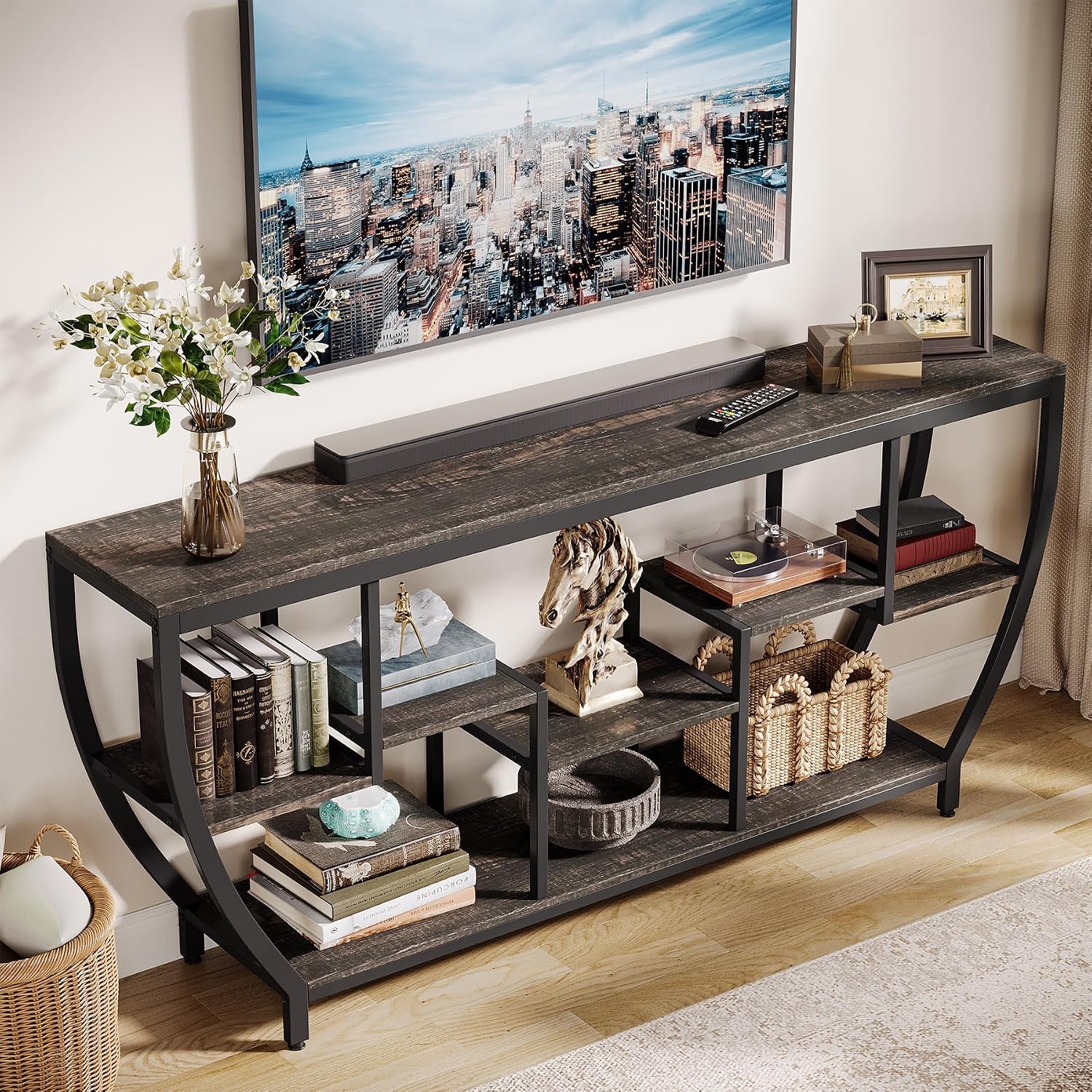 Tribesigns TV Stand for Televisions up to 80 Inches, 70.9 Inches Entertainment Center with Storage Shelves, Wood TV Media Console Table Unit for Living Room, Bedroom, Dark Grey