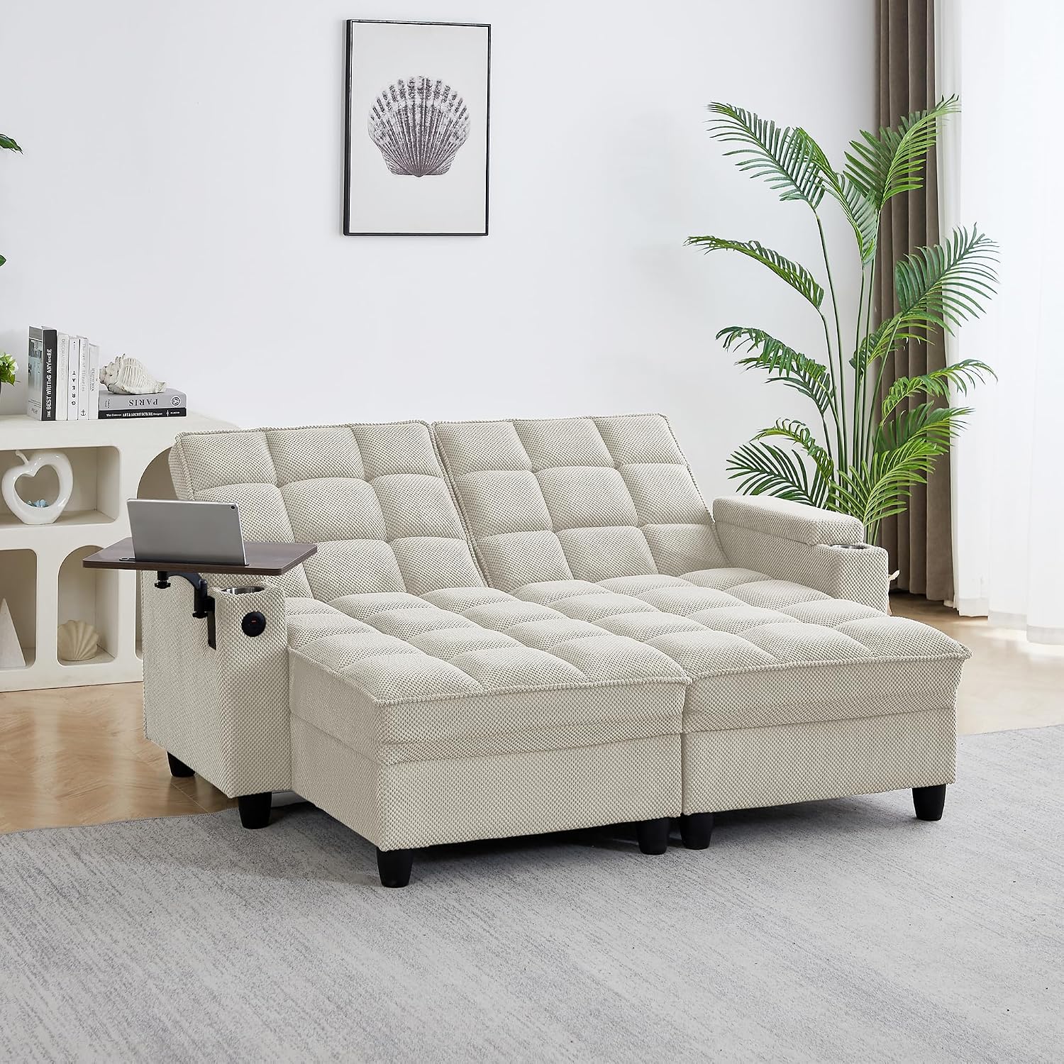 70.9' Chaise Lounge Chair Indoor, Oversized Boucle Upholstered Sofa Bed, Adjustable Backrest Deep Seat Reading Chair, Sofas Couches for Living Room with Storage, Cup Holders and 360° Swivel Side Table