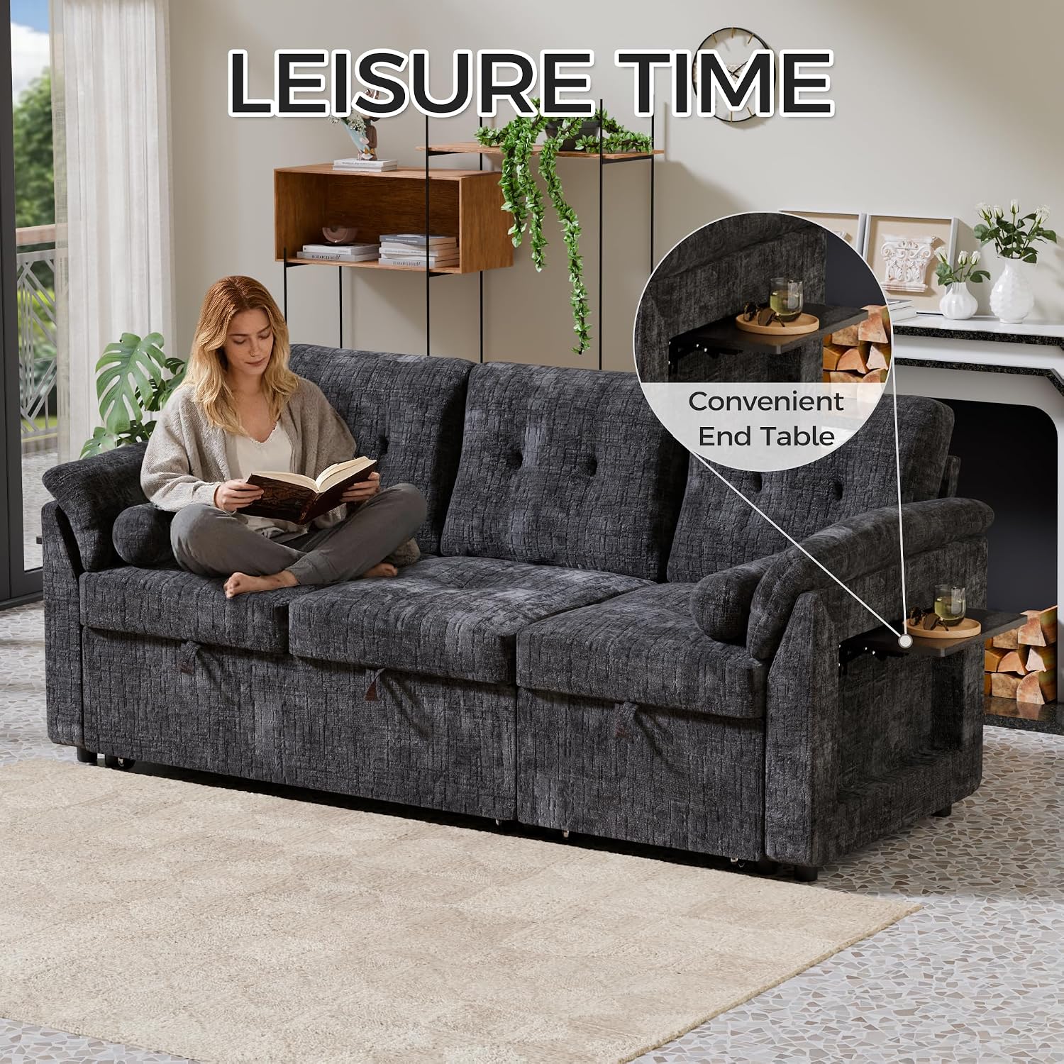 Convertible Sleeper Sofa Bed, 63 Inch Chenille Pull Out Couch with Side Table & Adjustable Backrest, Sectional Sleeper Sofa with Pull Out Bed for Living Room, Apartment, Black