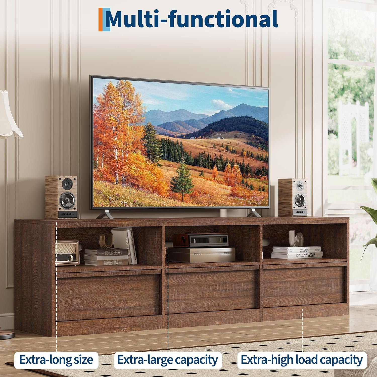 IDEALHOUSE 70 inch TV Stand for 80' TVs, Mid Century Modern Entertainment Center with Storage Drawer & Open Shelves, Wood Media Console Cabinet for Living Room/Bedroom, Vintage