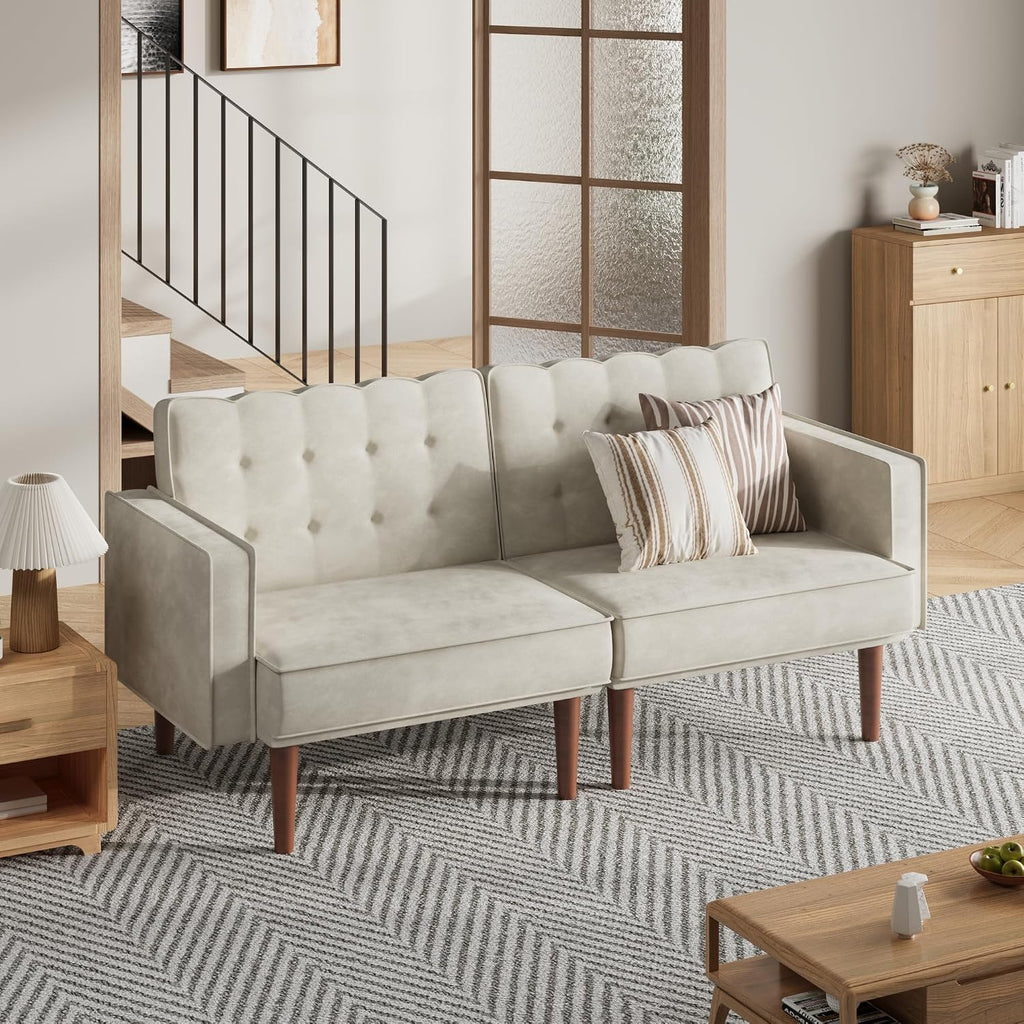 Furnify 71' Velvet Futon Sofa Bed, Versatile Loveseat Couch, Sleeper Sofa with Adjustable Backrest, Mid Century Modern Futon Couch for Small Space, Living Room, Office & Apartment, Velvet Fabric Beige
