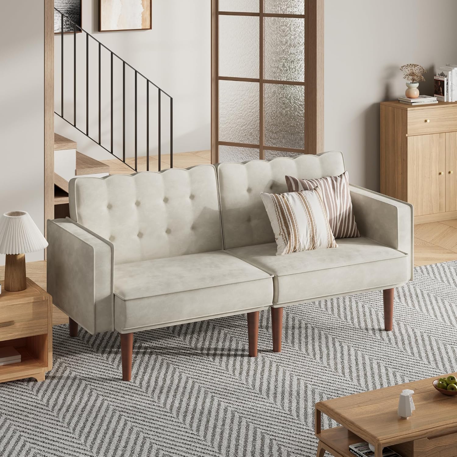 Furnify 71' Velvet Futon Sofa Bed, Versatile Loveseat Couch, Sleeper Sofa with Adjustable Backrest, Mid Century Modern Futon Couch for Small Space, Living Room, Office & Apartment, Velvet Fabric Beige