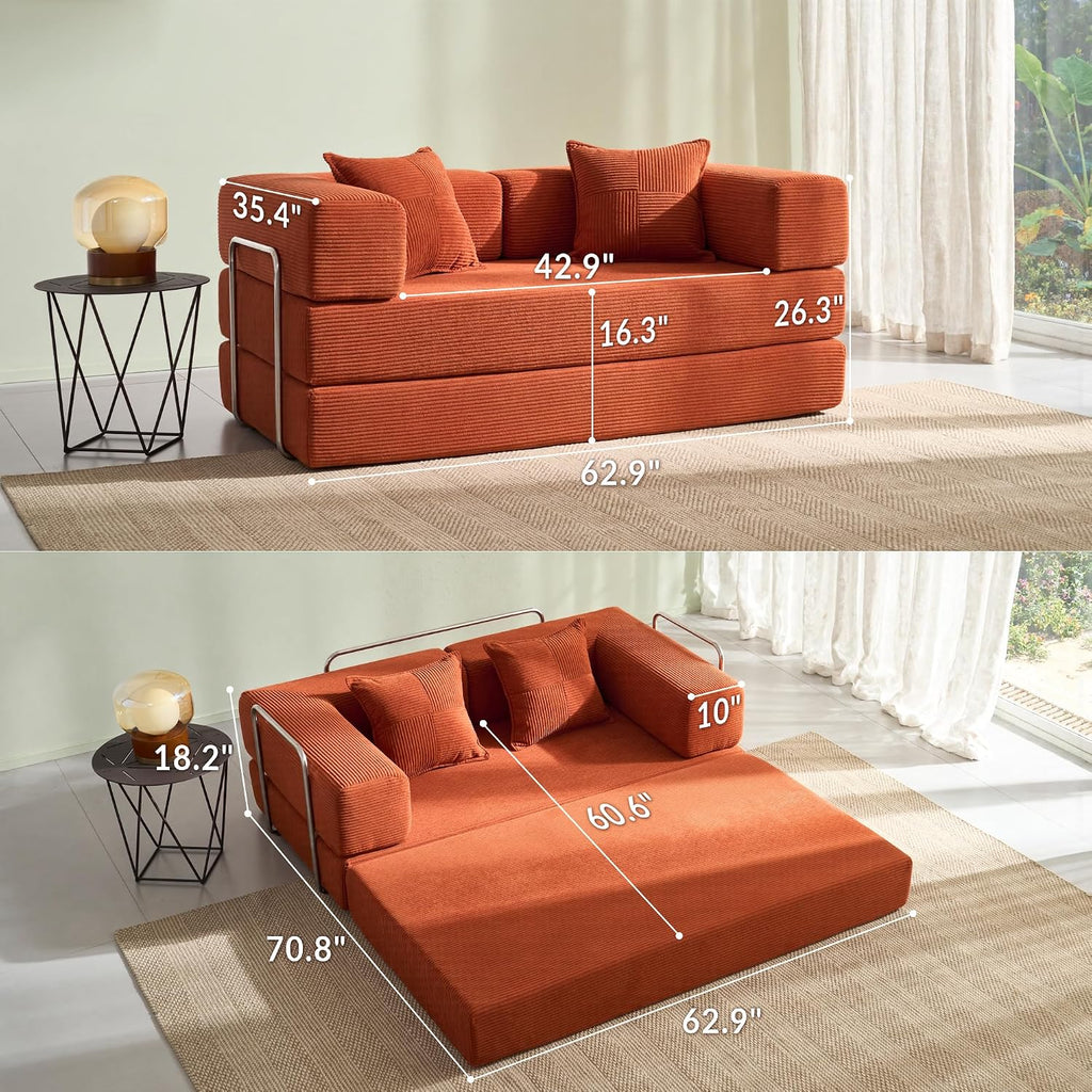 YINIX Sofa Bed, 62'' Folding Floor Couch, Compressed Convertable Sleeper Sofa, Memory Foam Couch with Pillow Back Support Armrest, 4-in-1 Futon Sofa Bed for Living Room, Tangerine