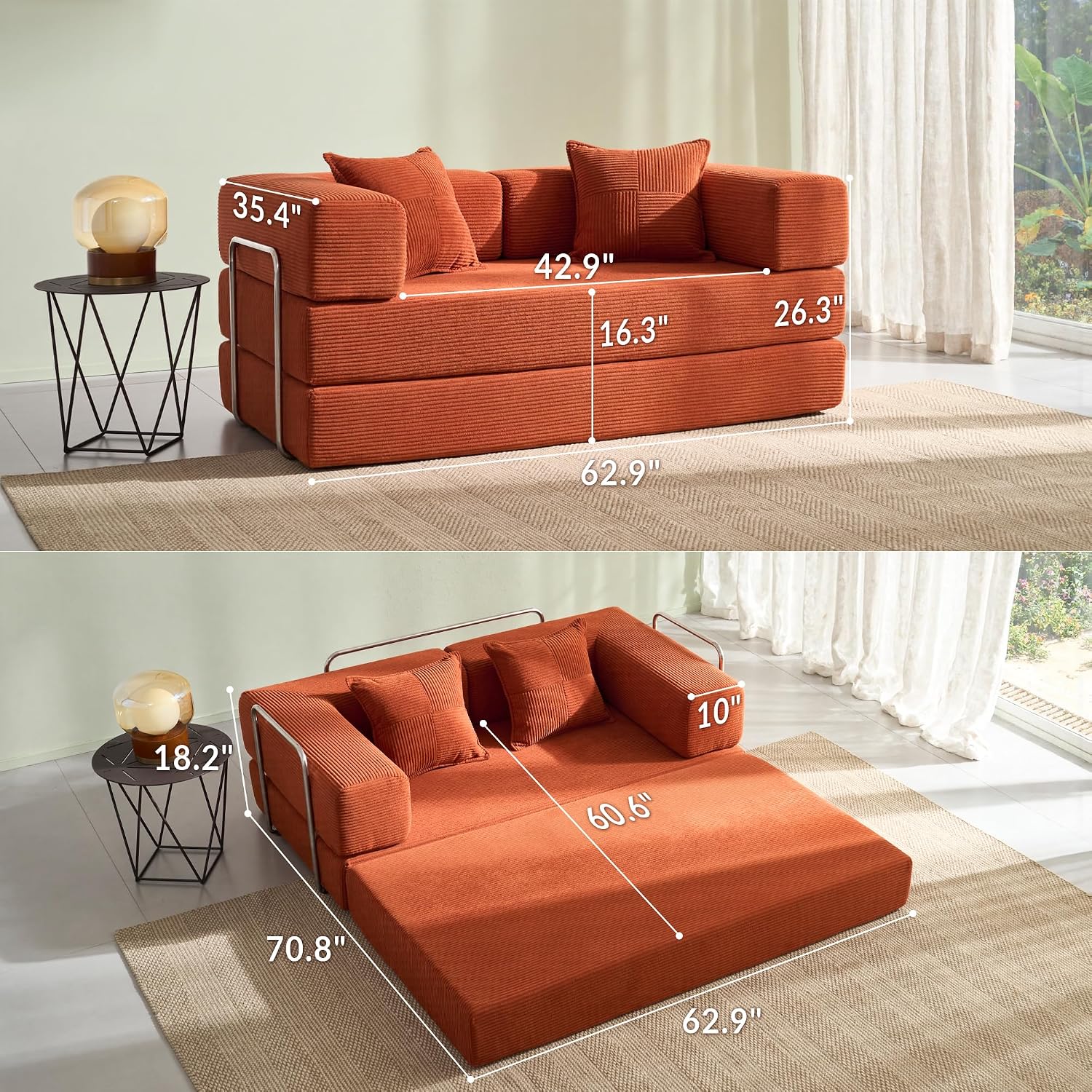 YINIX Sofa Bed, 62'' Folding Floor Couch, Compressed Convertable Sleeper Sofa, Memory Foam Couch with Pillow Back Support Armrest, 4-in-1 Futon Sofa Bed for Living Room, Tangerine