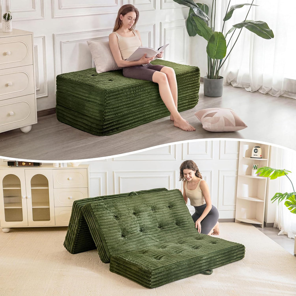MAXYOYO Folding Sofa Couch Bed, 6 Inch Tri-Fold Floor Sofa Bed, Folding Mattress with Handles, Soft Faux Fur Folding Bed with Supportive Foam Filling, Portable Couch for Living Room, Twin, Dark Green