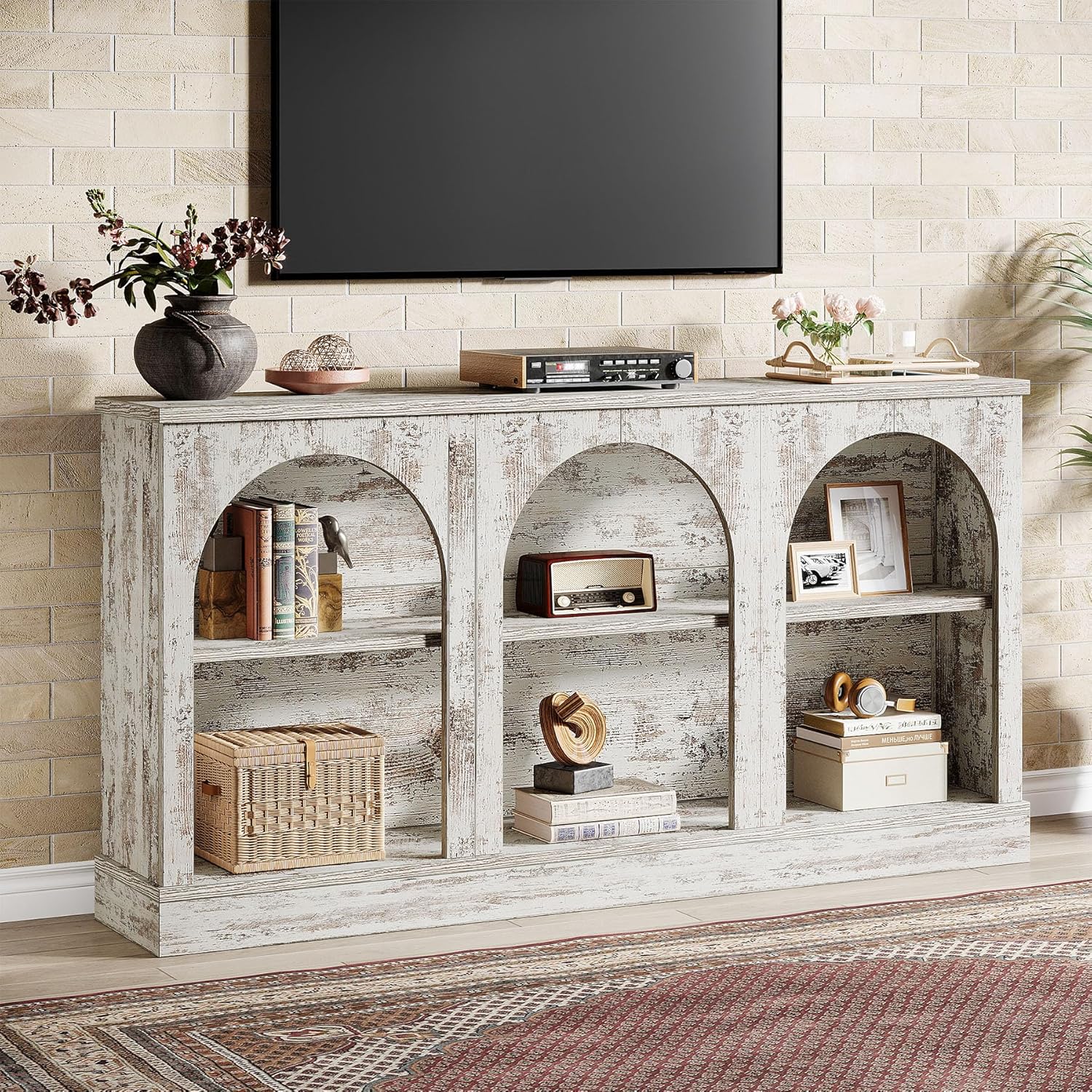 Tribesigns TV Media Consoles for Living Room, Farmhouse Entertainment Center with Storage Cabinets, Modern Television Stand for Bedroom, Distressed White