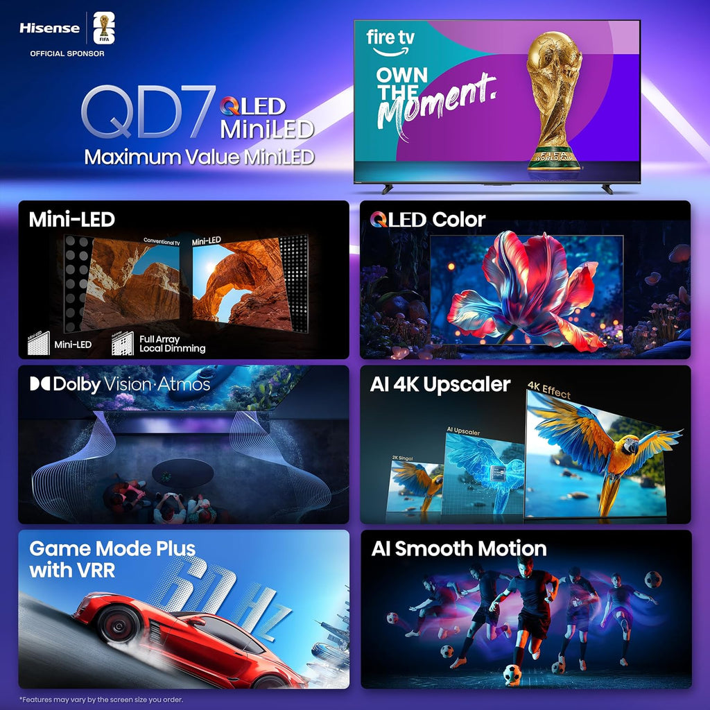 Hisense 65' Class QD7 Series Mini-LED 4K UHD Smart Fire TV (65QD7QF, 2025 Model) - QLED, HDR10+, Dolby Vision, Dolby Atmos, Game Mode Plus, ALLM, Alexa Built in with Voice Remote, Streaming TV, Black