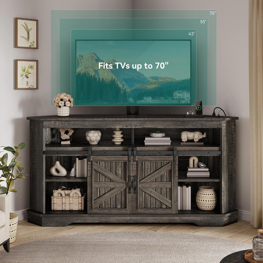 YITAHOME Farmhouse TV Stand with Mount & Power Outlet for 70 Inch TV, Corner Entertainment Center with Sliding Barn Doors, TV Media Console Table with Storage, Living Room, 63 Inch, Dark Rustic Oak