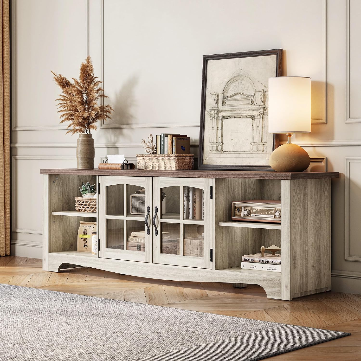 LINSY HOME TV Stand for 75 Inch TV, Modern Farmhouse Entertainment Center with Storage Cabinets and Glass Doors, Tall Media Console Table for Living Room, Bedroom, Large Long Television Stand, Beige