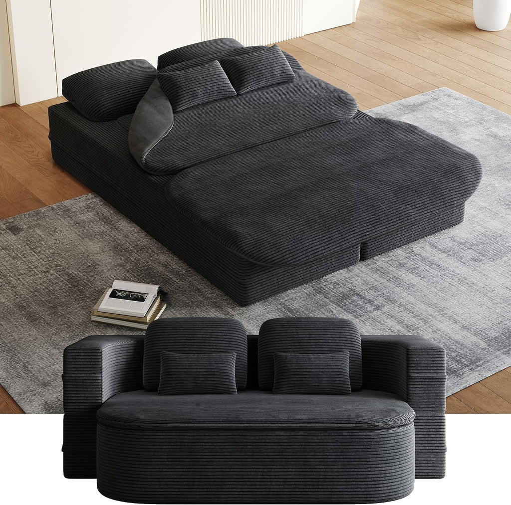 Convertible Folding Futon Sofa Bed, 2-in-1 Corduroy Love seat Sleeper Sofa with Functional Blanket, Foldable Full Size Guest Couch Bed with 4 Soft Pillows for Living Room (Black)