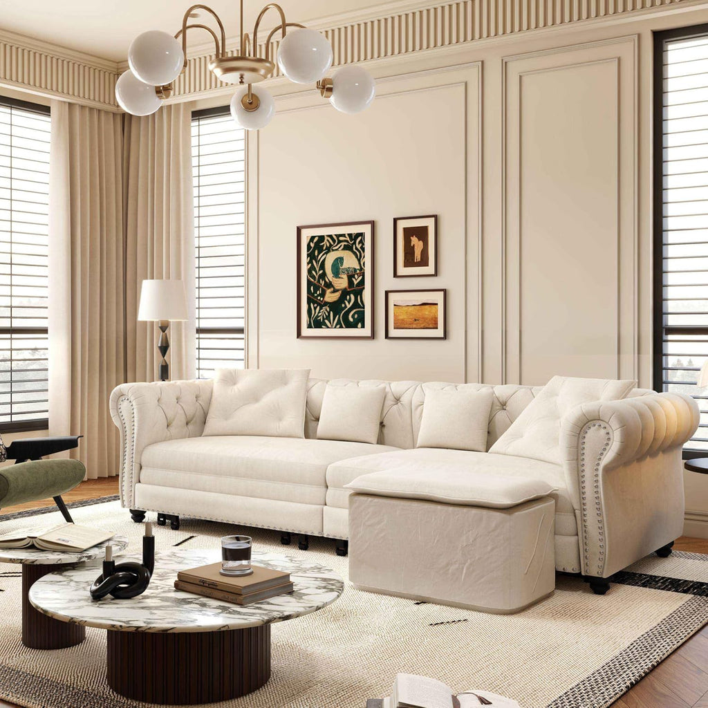 89' King Pull Out Sofa Bed, Velvet Chesterfield Sleeper Sofa Couch, 3 in 1 Convertible Tufted Futon Couches with Ottoman for Living Room, Small Space, Apartment, Office, Bedroom, Beige