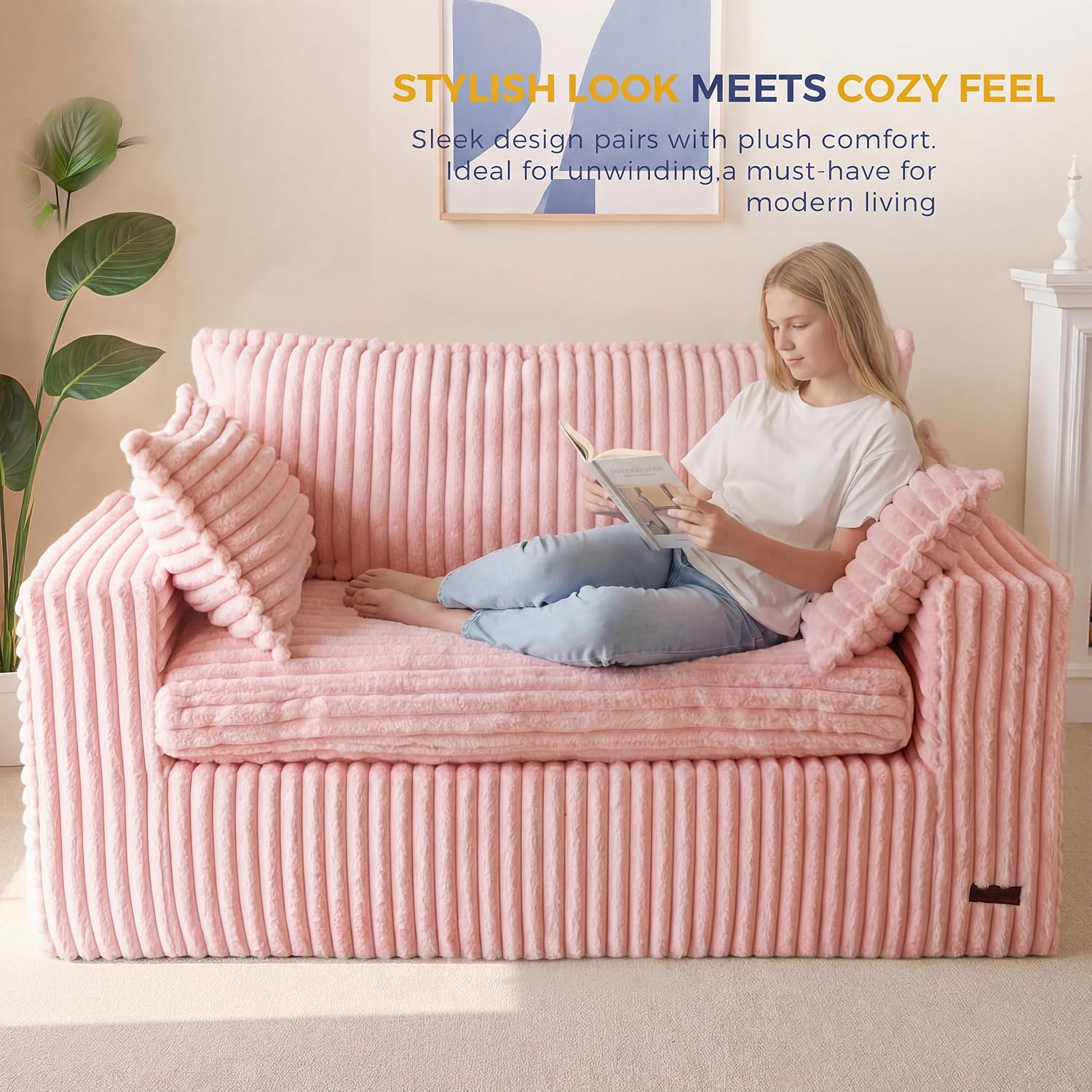 MAXYOYO 59' Bean Bag Sofa Couch, Loveseat Boneless Couch in a Box, Upholstered Small Mini Sofa with Deep Seating for Living Room Bedroom Office Apartment, No Assembly, Pink