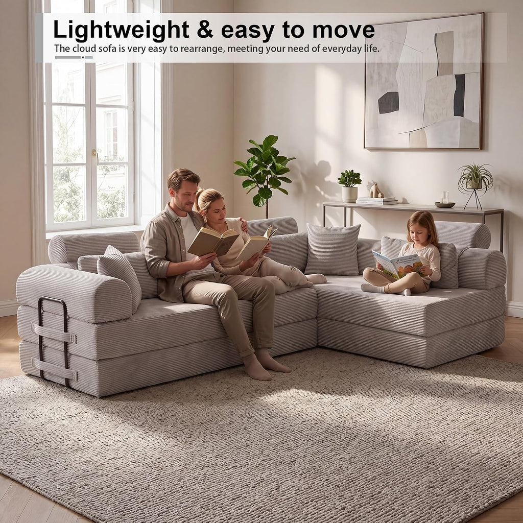 JJJ 108 inch Sofa Bed 4-in-1 Boneless Convertible Corduroy Sleeper Folding L Shaped Couch with Fixed-Shape Frame No Assemble Required 3 Seater Upholstered for Living Room (Light Grey, 108 inch)
