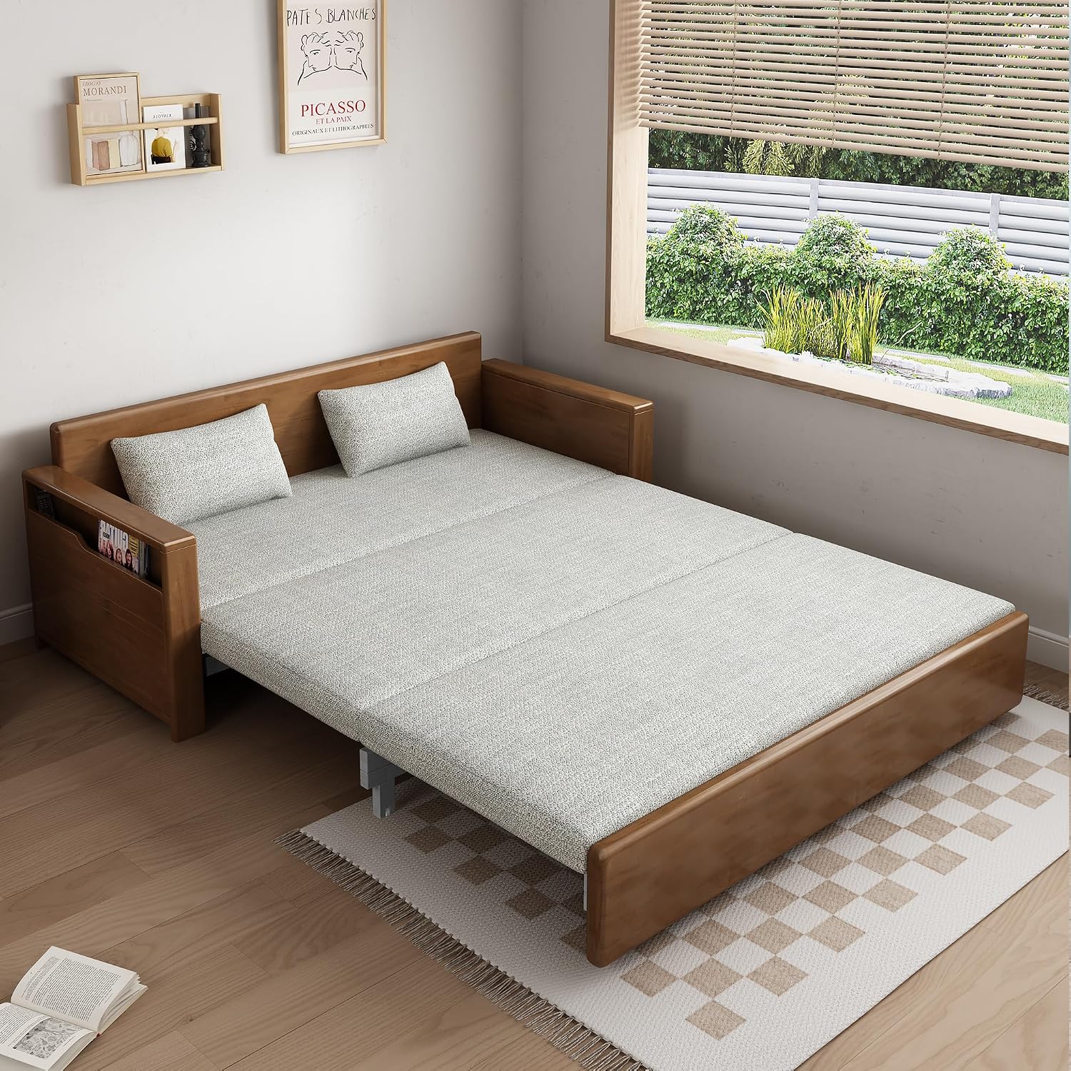 59' convertible sofa sleeper with storage,grey soft cushion sectional sleeper sofa with reversible chaise,walnut color wood sofa bed 3 in 1 pull out couch bed for livingroom,apartment,bedroom,office