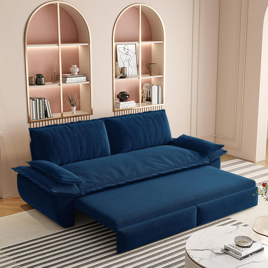 3 in 1 Convertible Queen Sleeper Sofa Bed Comfy Pull Out Futon Couch Bed 73.2' Modern Velvet Recliner Loveseat Sofa Multi-Functional Blue Cloud Couch for Living Room,Apartment,Office (Blue 73.2')