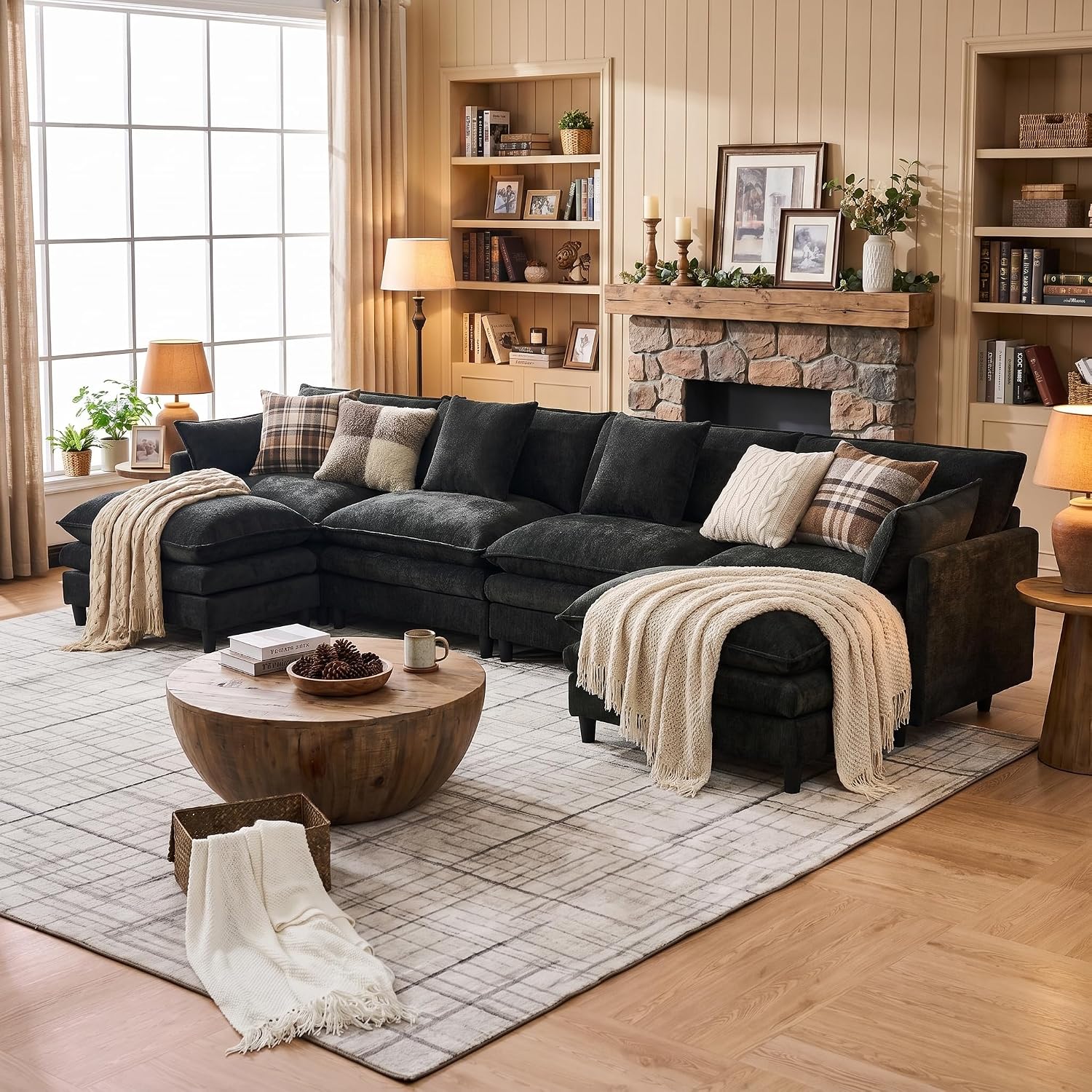Eafurn 141' Oversized Modular Sectional Sofa Convertible U Shaped Couch for Living Room - 6 Seater Chenille Couches Set with Ottomans and Waist Pillows for Living Room Apartment
