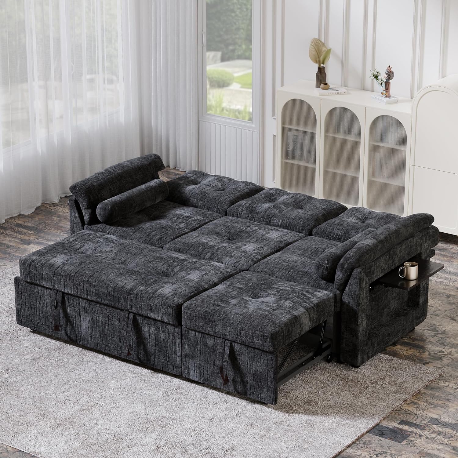 Convertible Sleeper Sofa Bed, 63 Inch Chenille Pull Out Couch with Side Table & Adjustable Backrest, Sectional Sleeper Sofa with Pull Out Bed for Living Room, Apartment, Black
