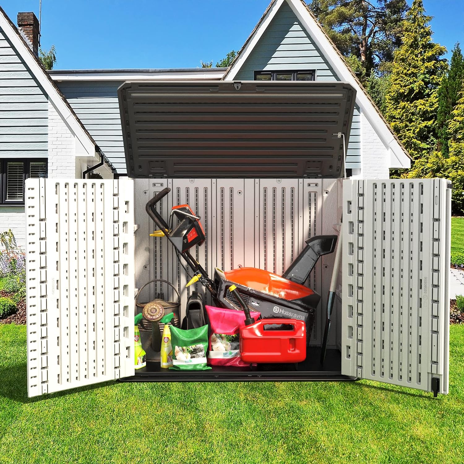 ADDOK Horizontal Storage Shed Outdoor with Floor, 27 Cu Ft Capacity Plastic Storage Shed with Lockable Double Doors, All-Weather Condition Use for Patio, Backyard, Lawn and Garden, White