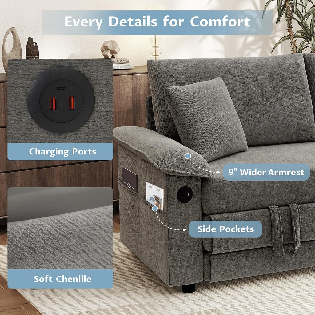 SUNWAVE 77' Sleeper Sofa Convertible Sofa Bed with USB Ports & Side Pockets, Chenille Loveseat Pull Out Couch with Full Size Sleeping Area, Folding Sofa Bed for Living Room & Small Spaces (Gray)
