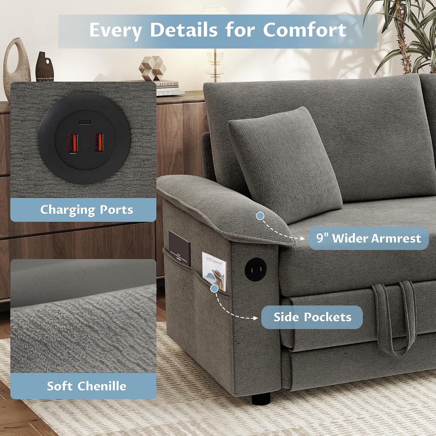 SUNWAVE 77' Sleeper Sofa Convertible Sofa Bed with USB Ports & Side Pockets, Chenille Loveseat Pull Out Couch with Full Size Sleeping Area, Folding Sofa Bed for Living Room & Small Spaces (Gray)