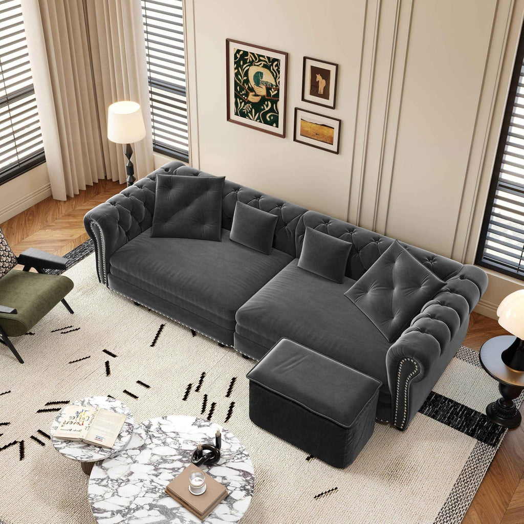 89' King Pull Out Sofa Bed, Velvet Chesterfield Sleeper Sofa Couch, 3 in 1 Convertible Tufted Futon Couches with Ottoman for Living Room, Small Space, Apartment, Office, Bedroom, Gray