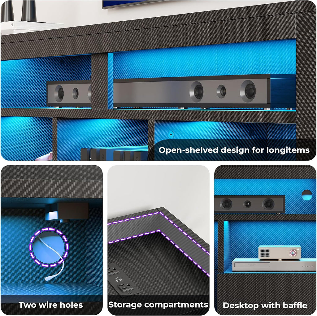IRONCK TV Stand for 65 Inch TV, Carbon Fiber Entertainment Center with 2 Drawers, Charging Station & RGB LED Light, Gaming Media Console for PS4, Bedroom, Living Room, Black
