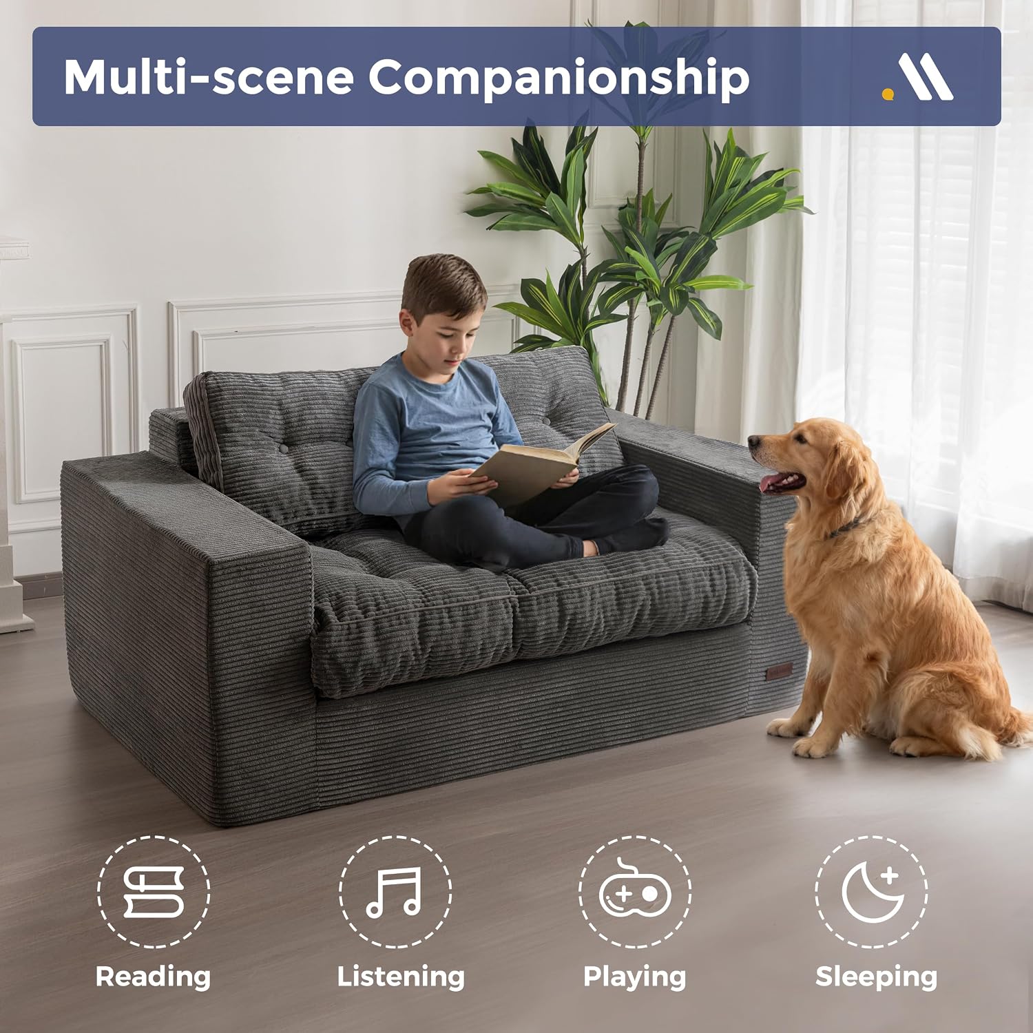 MAXYOYO Bean Bag Chair for Adults, Upholstered Floor Sofa with Armrests, Loveseat Boneless Couch with Tufted Cushion & Backrest, Sofa in A Box, Large Bean Bag Couch for Bedroom Living Room, Dark Grey