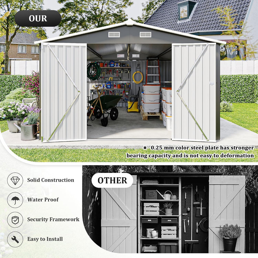 10x14 FT Outdoor Metal Storage Shed with Lockable Door, Steel Garden Utility Shed with Vents, Backyard Patio Tool Shed for Lawn Equipment, Bike, Firewood and Mower Storage, Gray