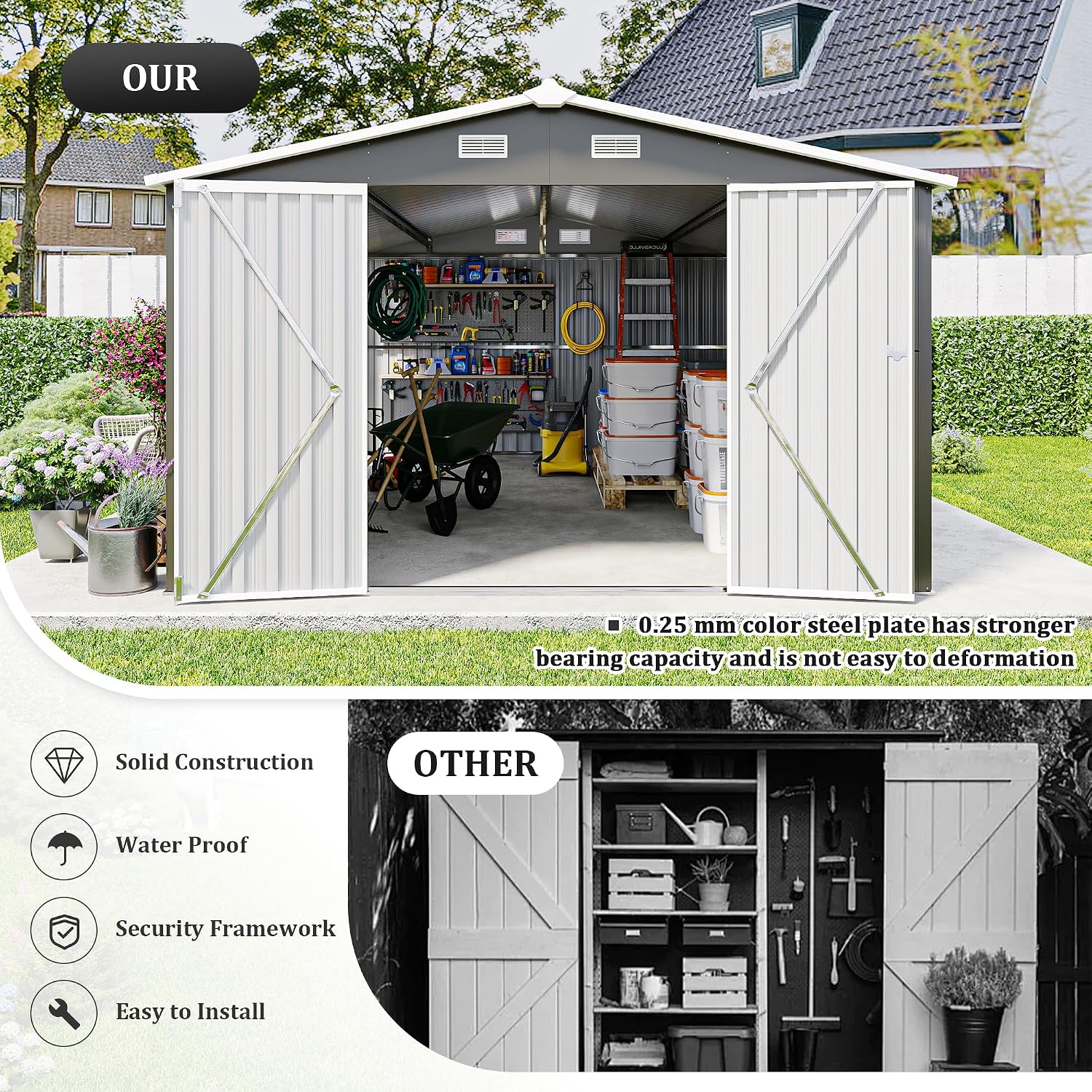 10x14 FT Outdoor Metal Storage Shed with Lockable Door, Steel Garden Utility Shed with Vents, Backyard Patio Tool Shed for Lawn Equipment, Bike, Firewood and Mower Storage, Gray