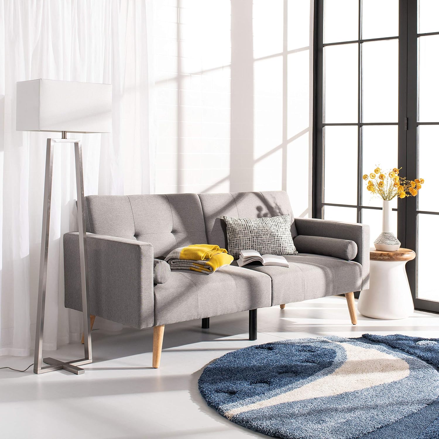 Safavieh Home Murray Retro Grey Foldable Convertible Tufted 71.7' Sofa Bed with Pillow Futon