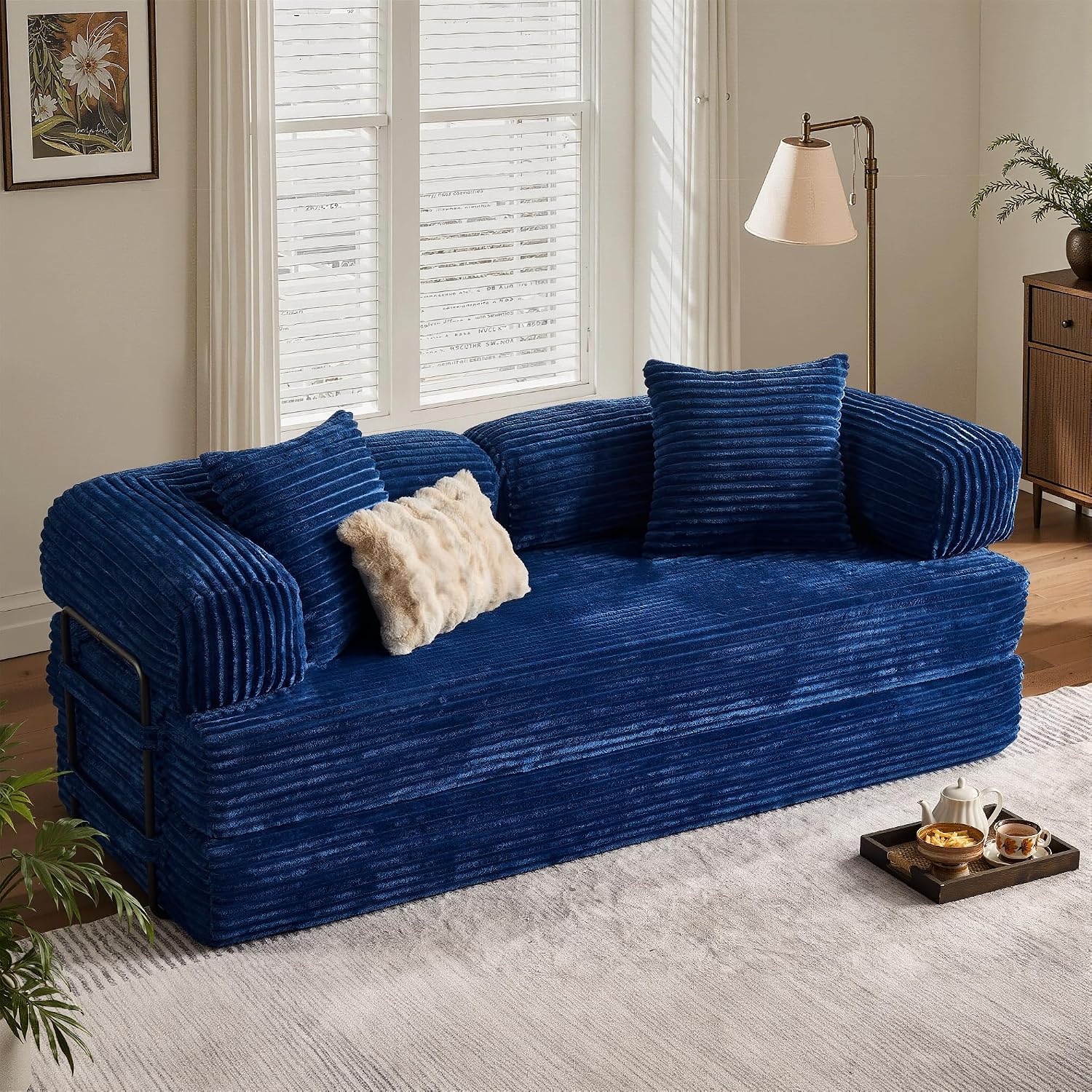 ovios 81' Folding Sofa Bed, Foldable Sleeper Boneless Couch with Pull Out Beds, Modular Convertible Floor Futon Loveseat Lounger for Living Room (Faux Fur, Blue)
