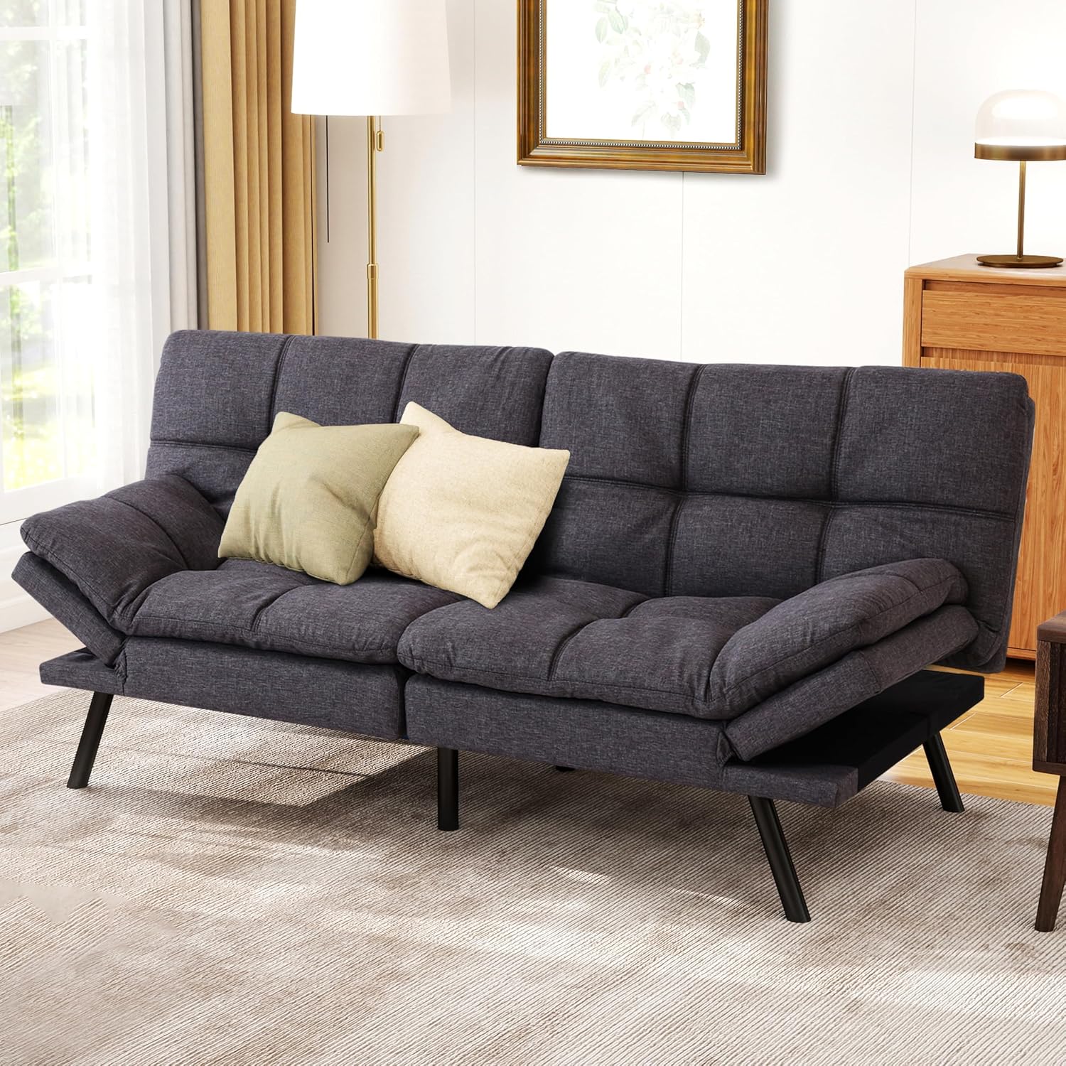 MUUEGM Futon Sofa Bed, 71' Comfortable Memory Foam Futon Sofa with Adjustable Backrest & Armrests, Convertible Loveseat Recliner Sleeper Sofa Bed for Compact Living Room, Apartment, Office, Grey
