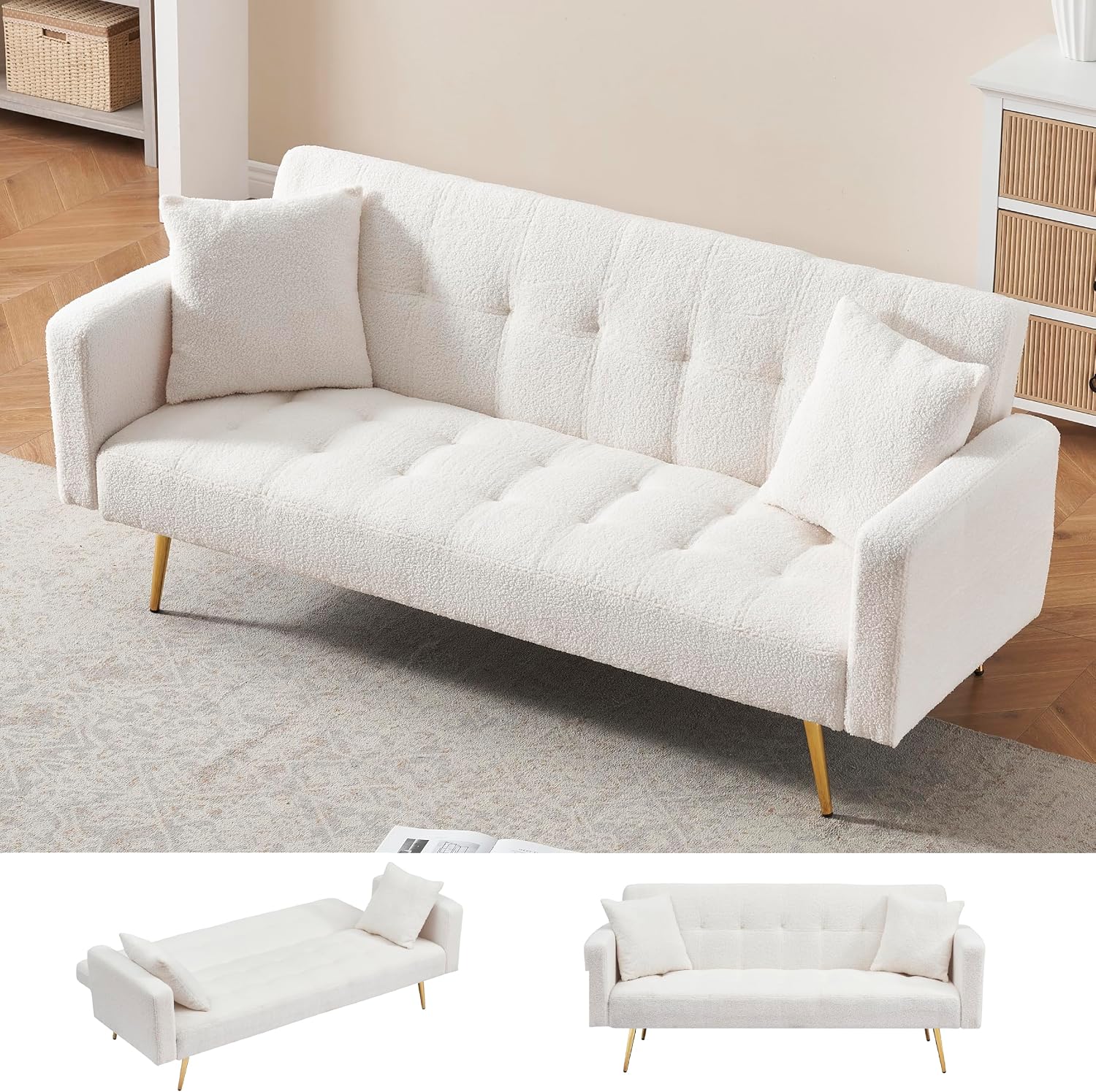 KEIKI 72' Folding Futon Sofa Couch w/Adjustable Backrest, Mid Century Modern Loveseat Convertible to Sleeper Bed, Small Comfy Teddy Cloud Couch SofaBed for Living Room & Bedroom, 2 Pillows, Beige
