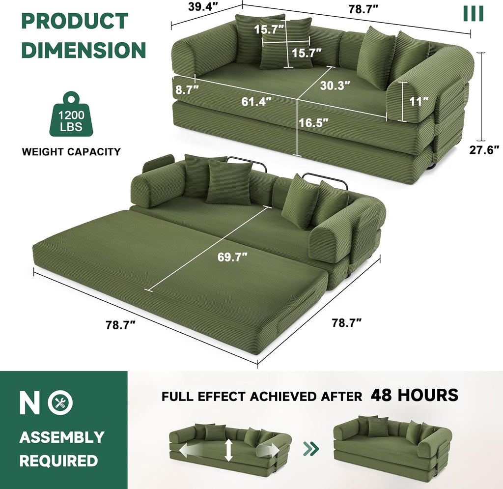 78 Inch Corduroy Convertible Sleeper Sofa Bed, 4-in-1 Oversized Futon Boneless Couches for Living Room with Fixed-Shape Frame, Loveseat Sleeper with Pull Out Bed, No Assembly, Olive Green