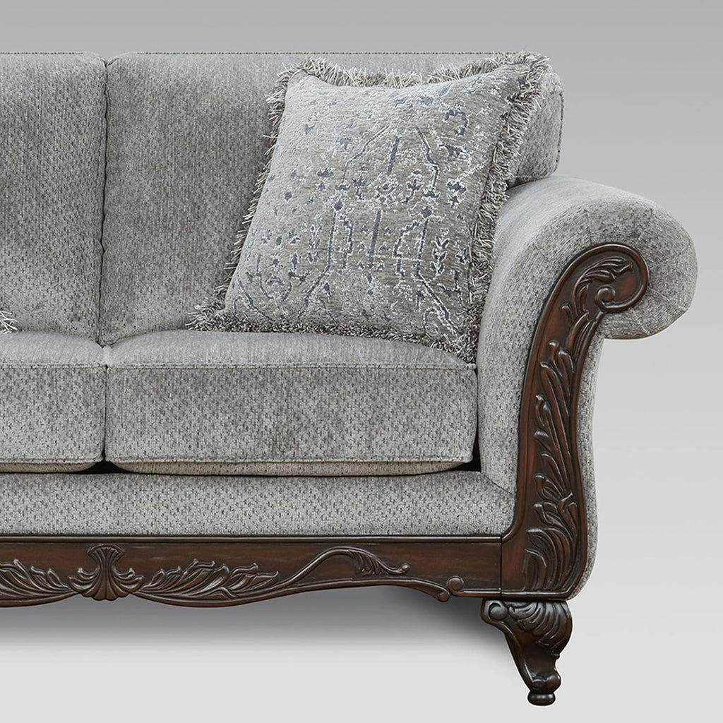 Hernen 2-Piece Living Room Set, Carved Wood Frame Sofa and Loveseat, Gray